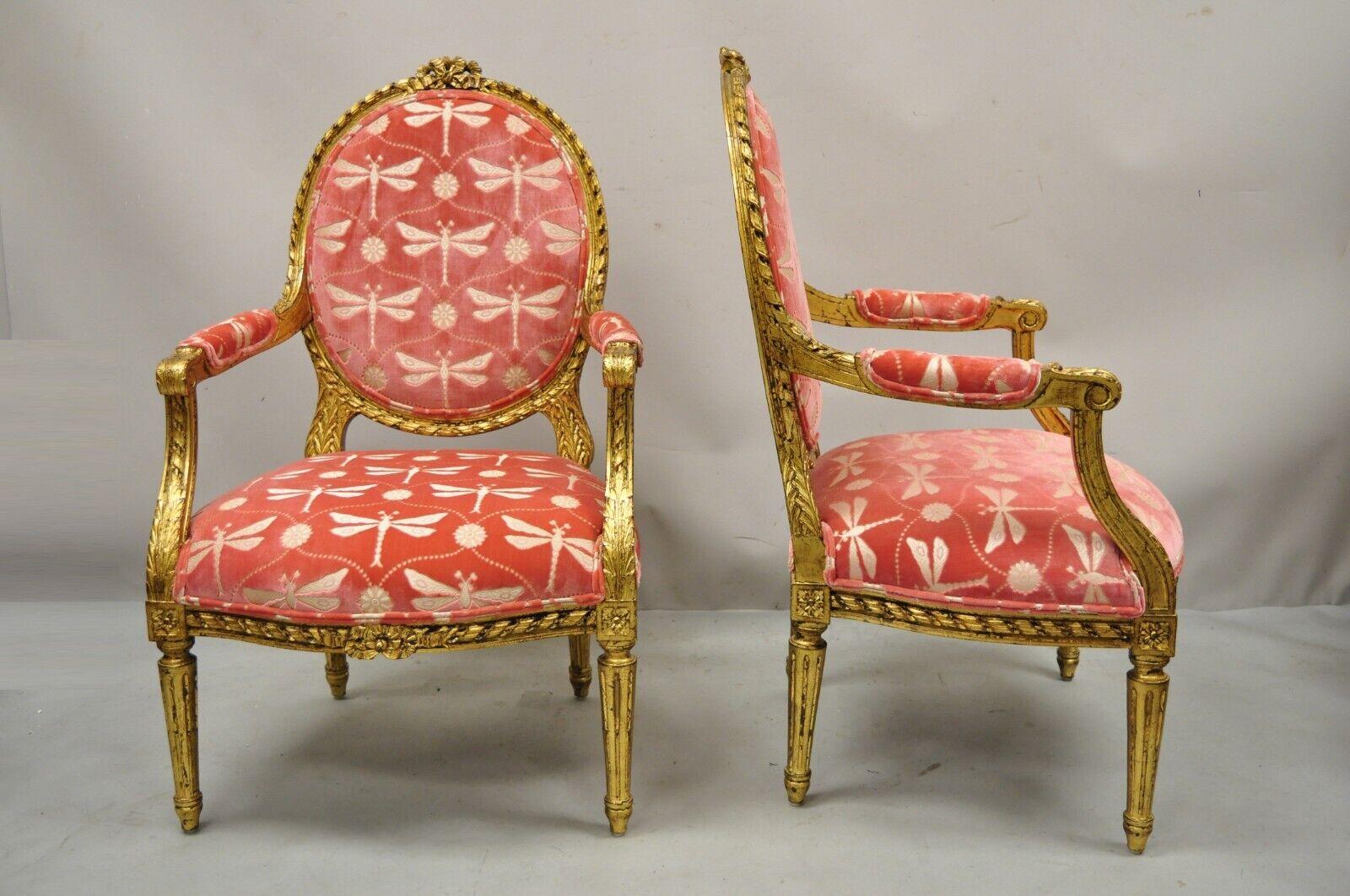 Vintage French Louis XVI Style Gold Giltwood Pink Arm Chairs - a Pair            6