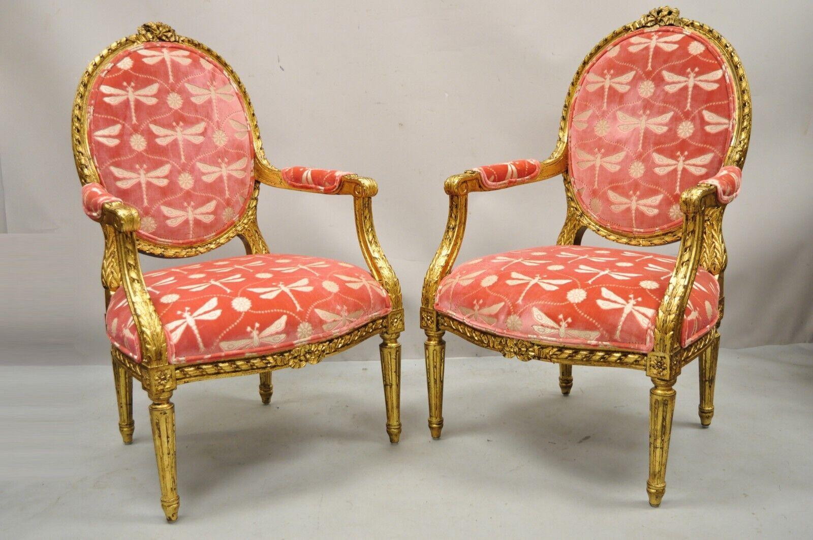 Vintage French Louis XVI Style Gold Giltwood Pink Arm Chairs - a Pair            7