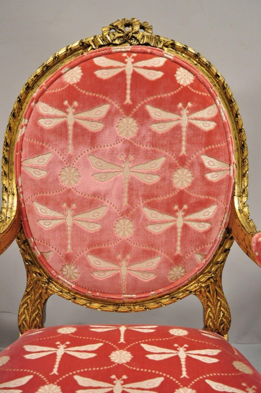 20th Century Vintage French Louis XVI Style Gold Giltwood Pink Arm Chairs - a Pair           