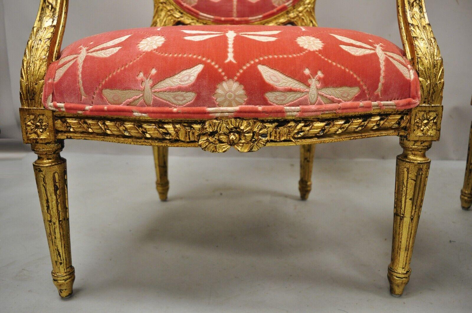 Vintage French Louis XVI Style Gold Giltwood Pink Arm Chairs - a Pair            2