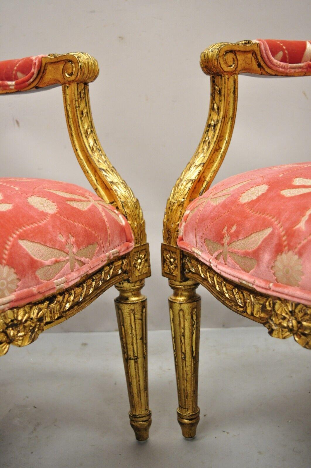 Vintage French Louis XVI Style Gold Giltwood Pink Arm Chairs - a Pair            3