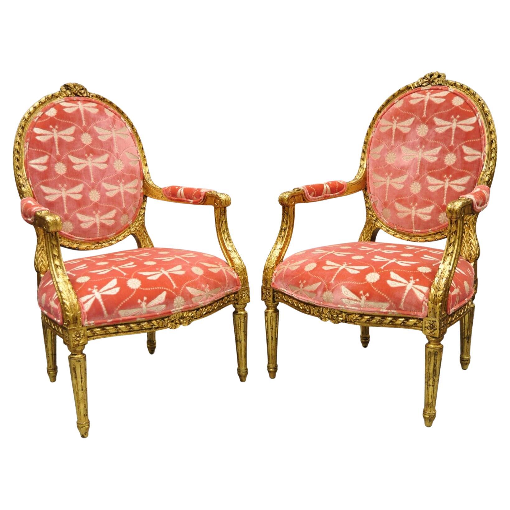 Vintage French Louis XVI Style Gold Giltwood Pink Arm Chairs - a Pair           
