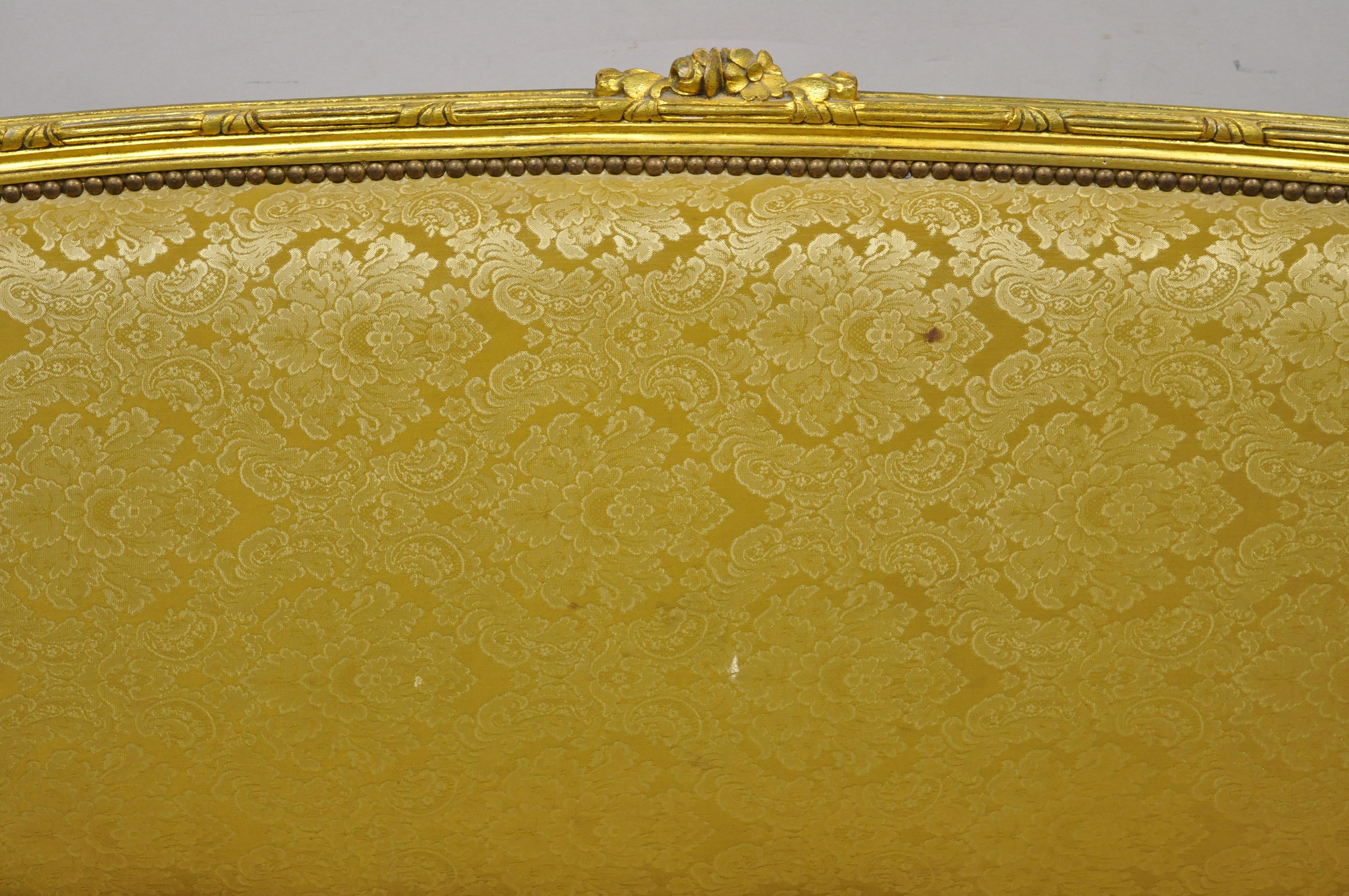 Tissu Canapé Loveseat de style Louis XVI français à 6 pieds en feuilles d'or