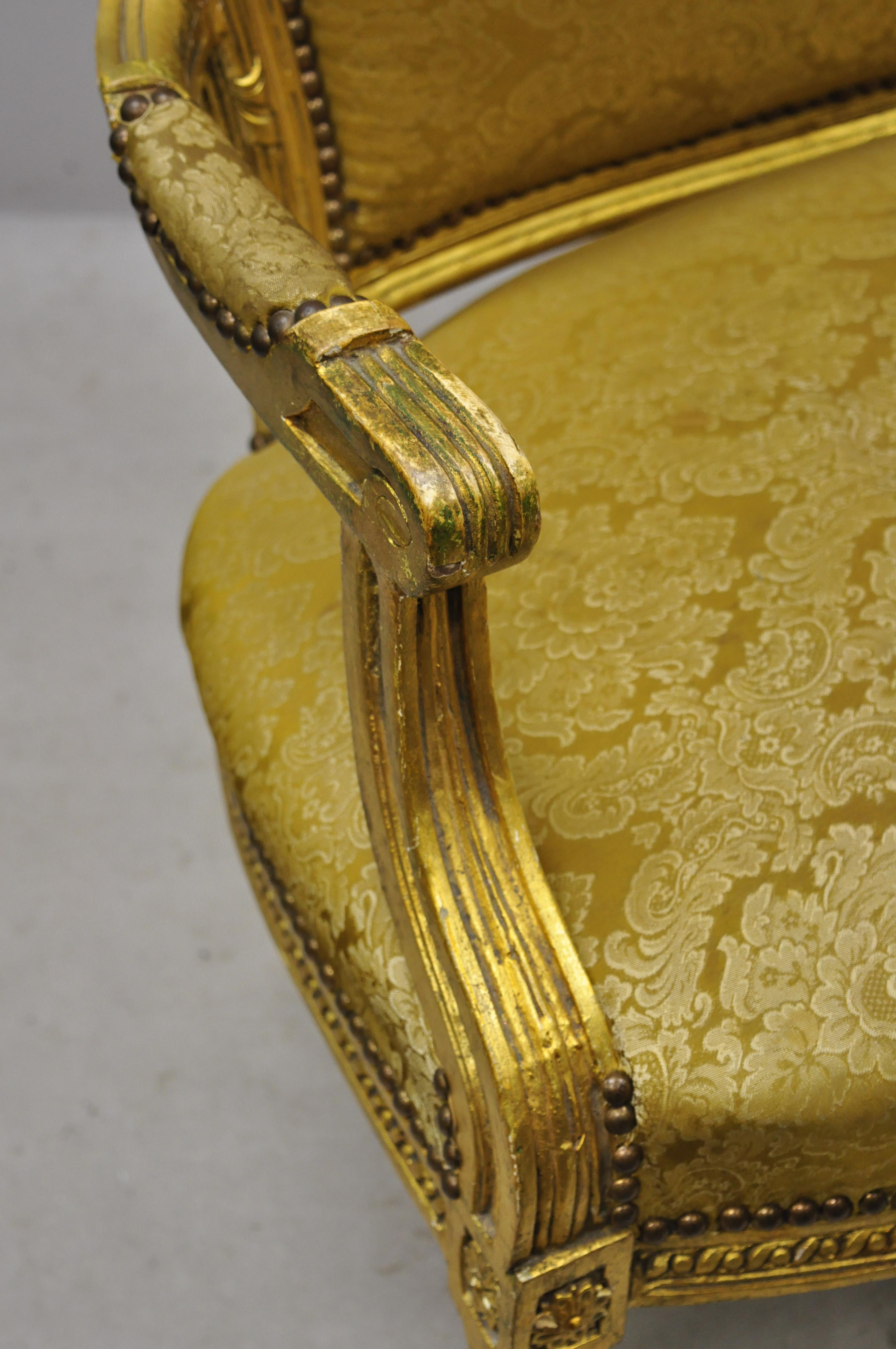 Vintage French Louis XVI Style Gold Leaf 6-Leg Settee Loveseat Sofa In Good Condition In Philadelphia, PA