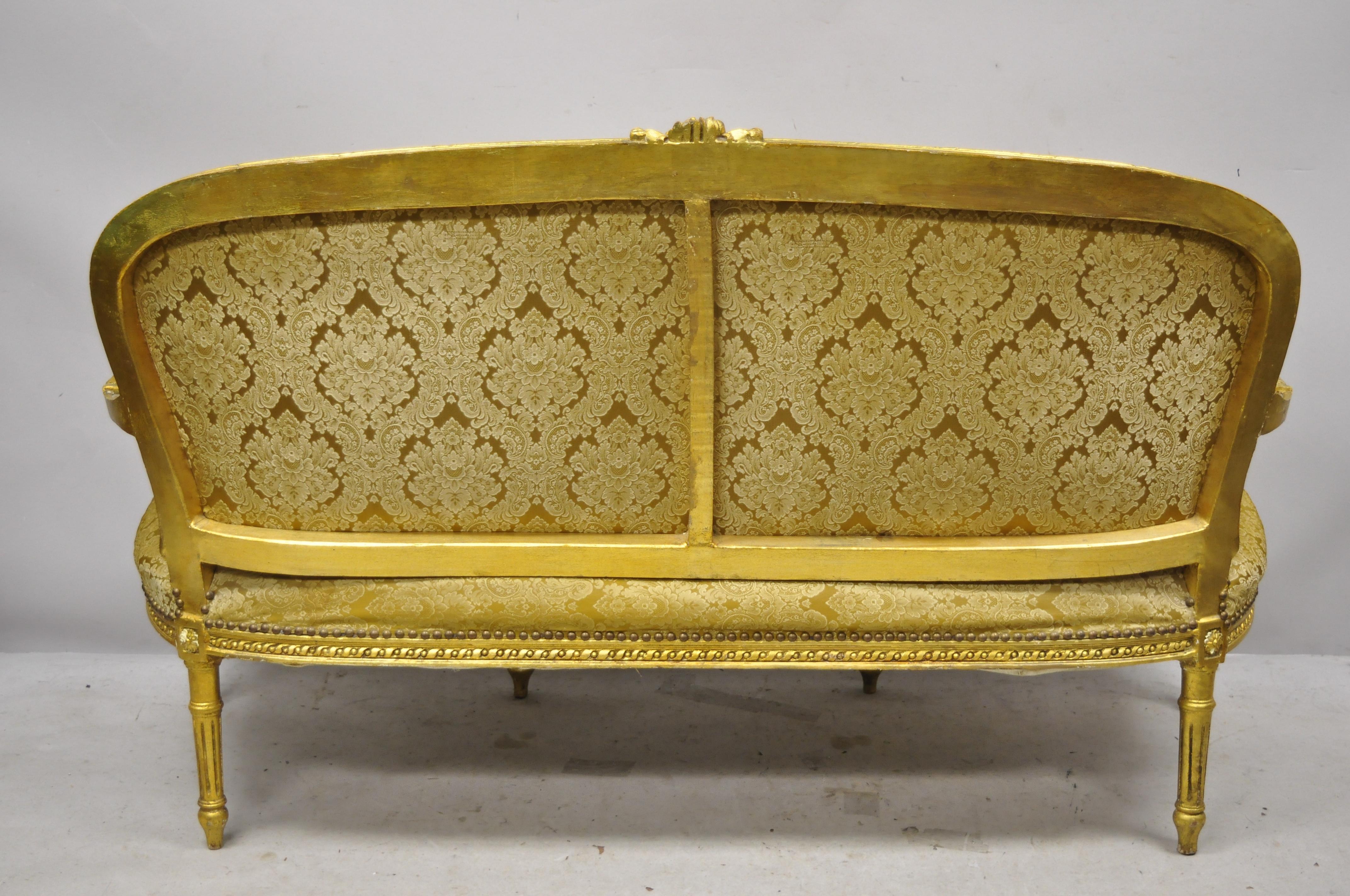 Fabric Vintage French Louis XVI Style Gold Leaf 6-Leg Settee Loveseat Sofa