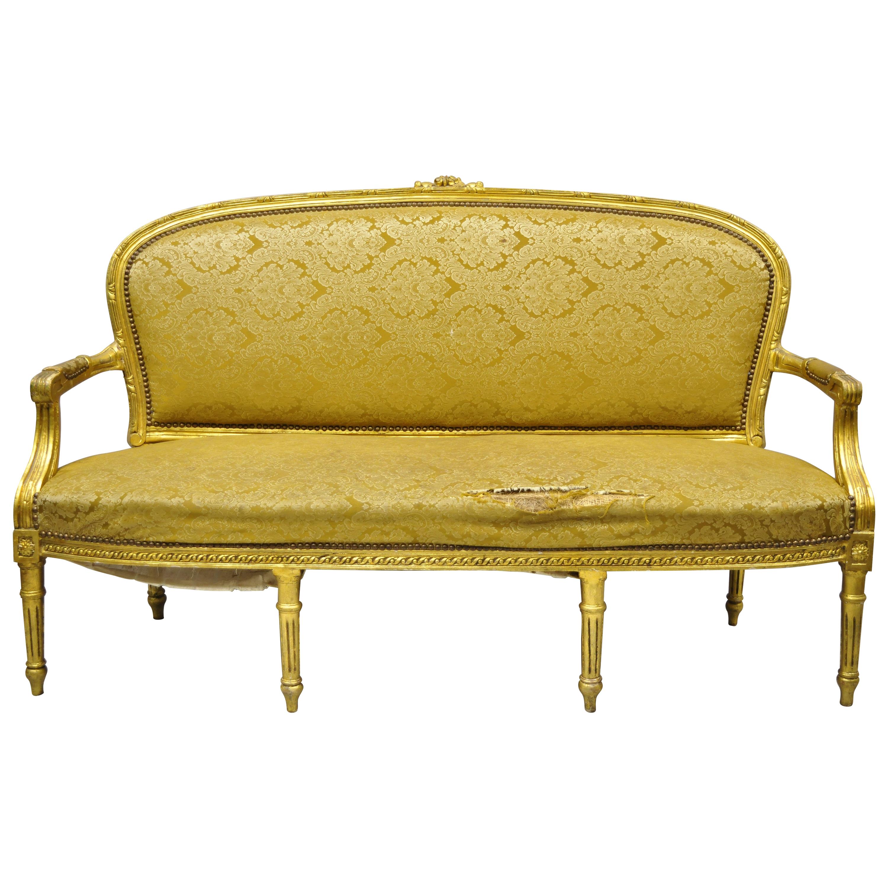 Canapé Loveseat de style Louis XVI français à 6 pieds en feuilles d'or
