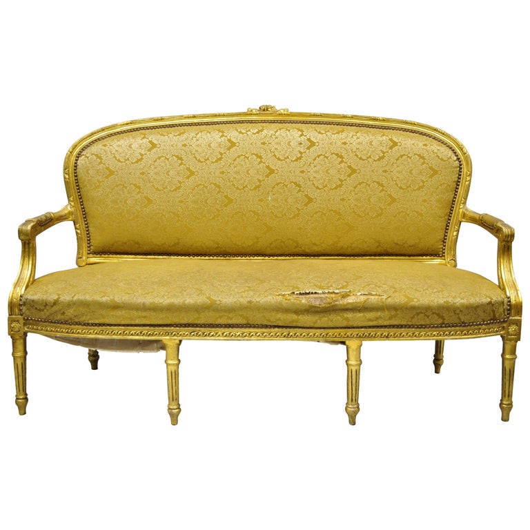 Vintage French Louis XVI Style Gold Leaf 6Leg Settee Loveseat Sofa For