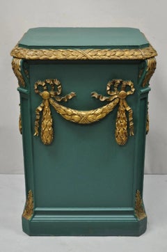 Vintage French Louis XVI Style Green Gold Carved Wood 39" Column Pedestal Stand
