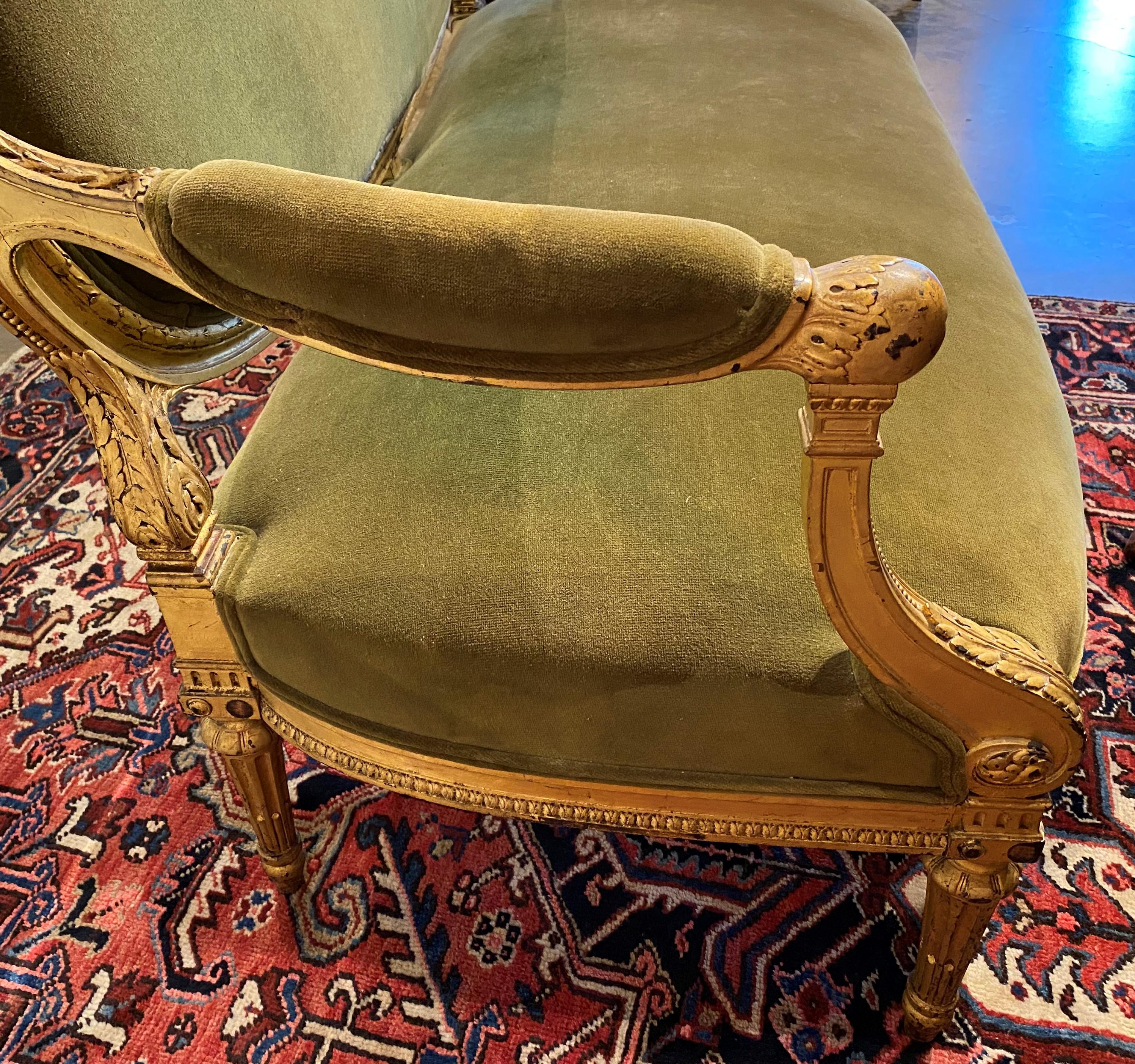 Vintage French Louis XVI Style Green Upholstered Giltwood Sofa or Settee In Good Condition In Milford, NH