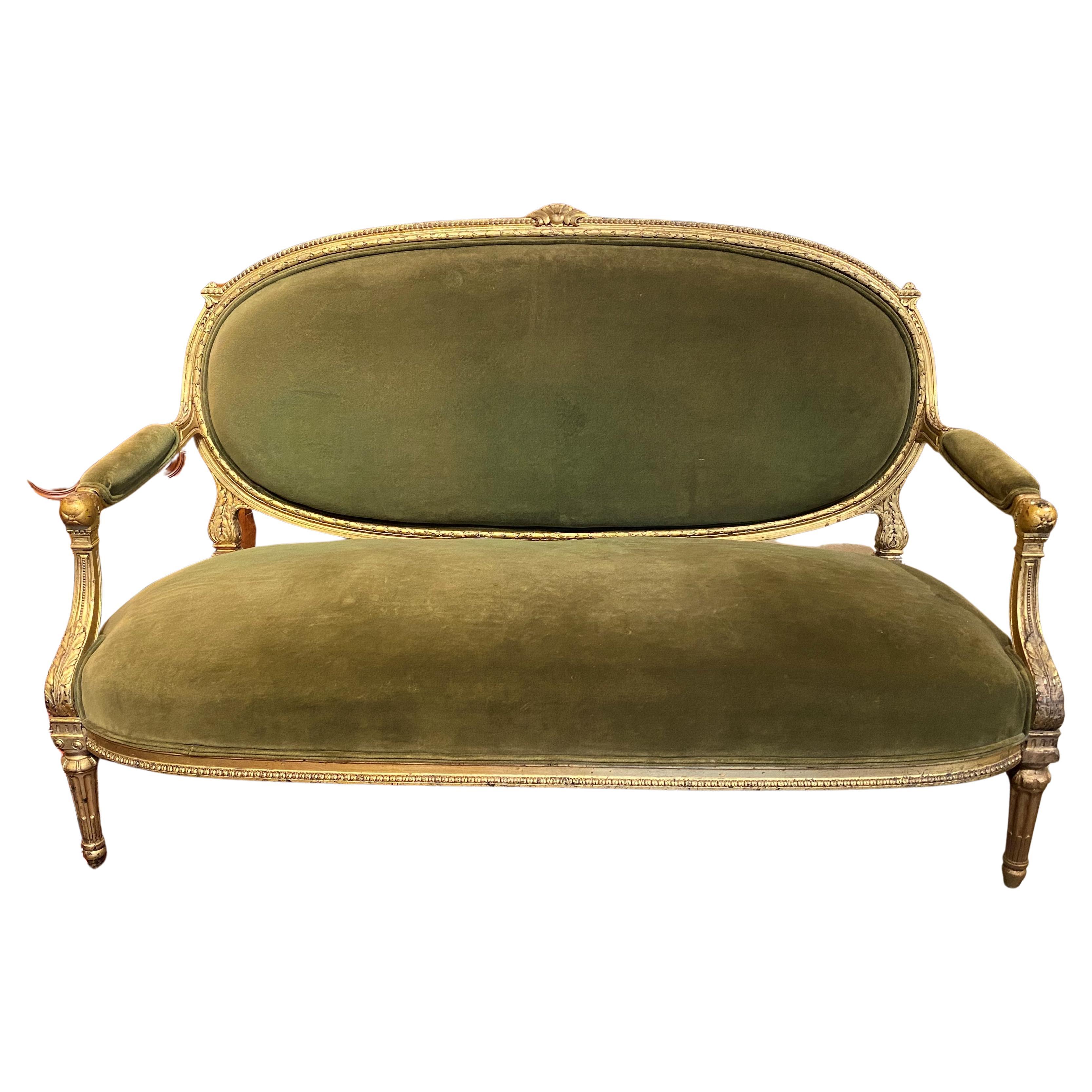 Vintage French Louis XVI Style Green Upholstered Giltwood Sofa or Settee