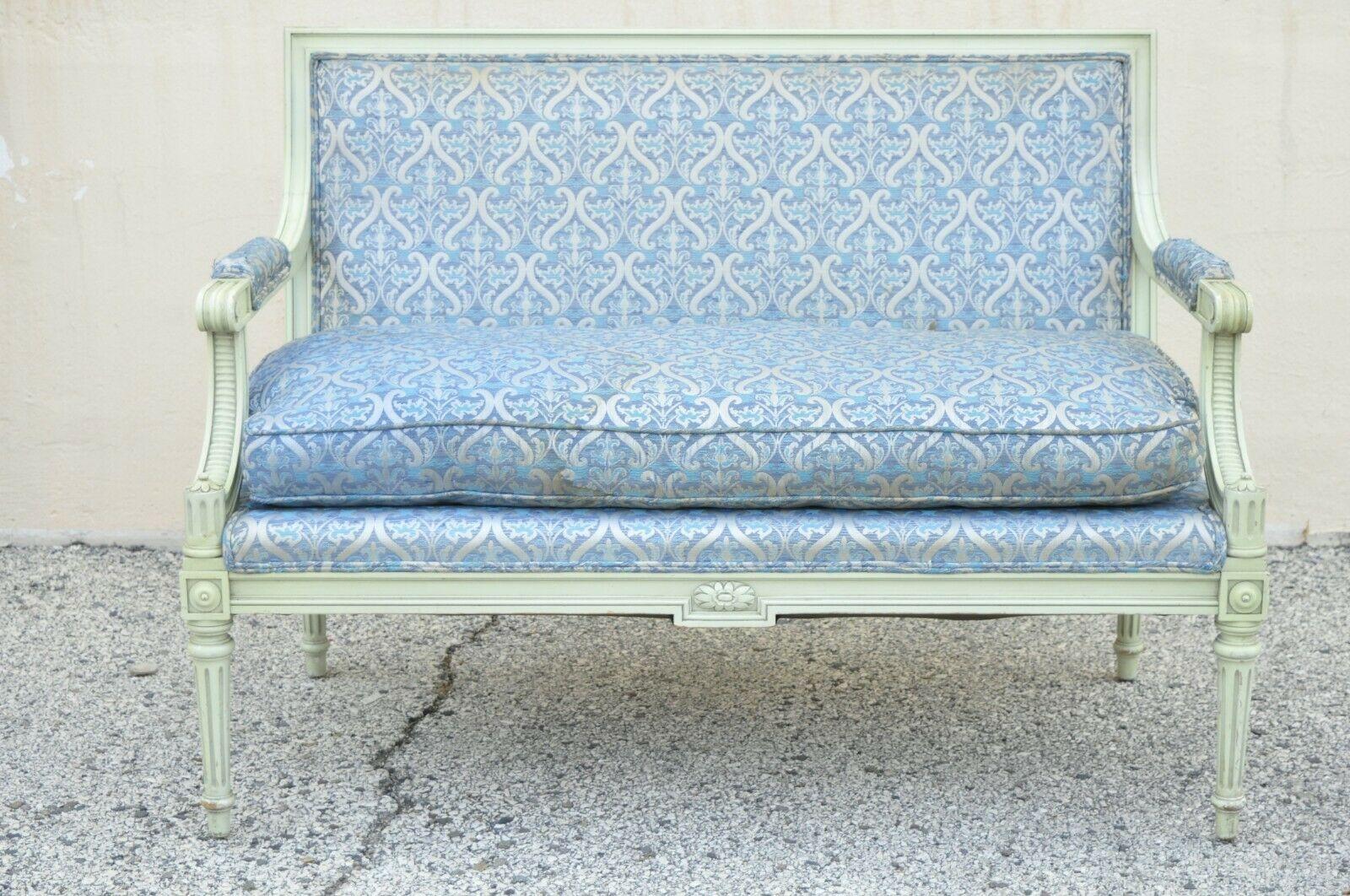 Vintage French Louis XVI Style Hollywood Regency Green Blue Settee Loveseat Sofa For Sale 4