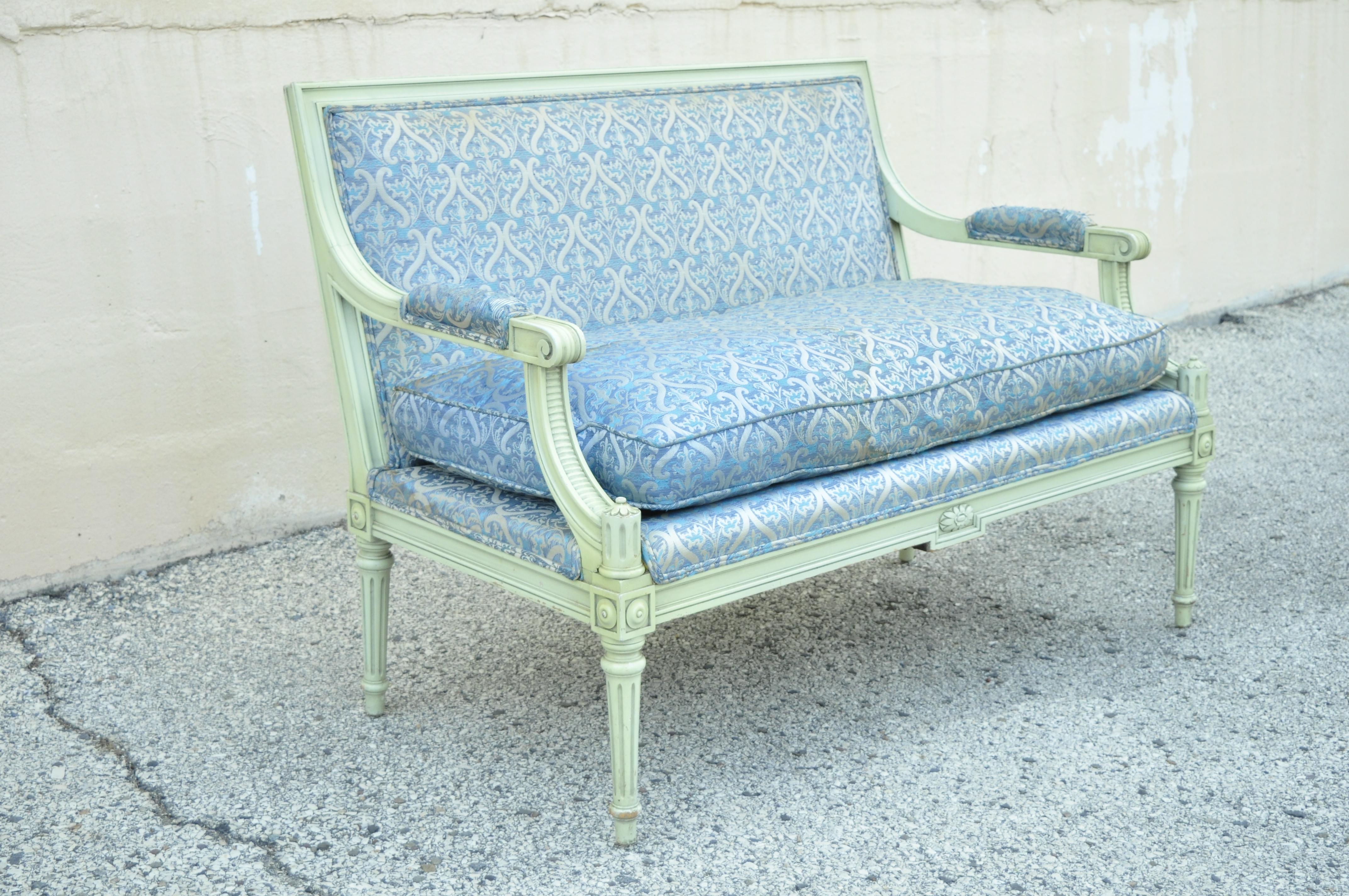 Vintage French Louis XVI Style Hollywood Regency Green Blue Settee Loveseat Sofa 5