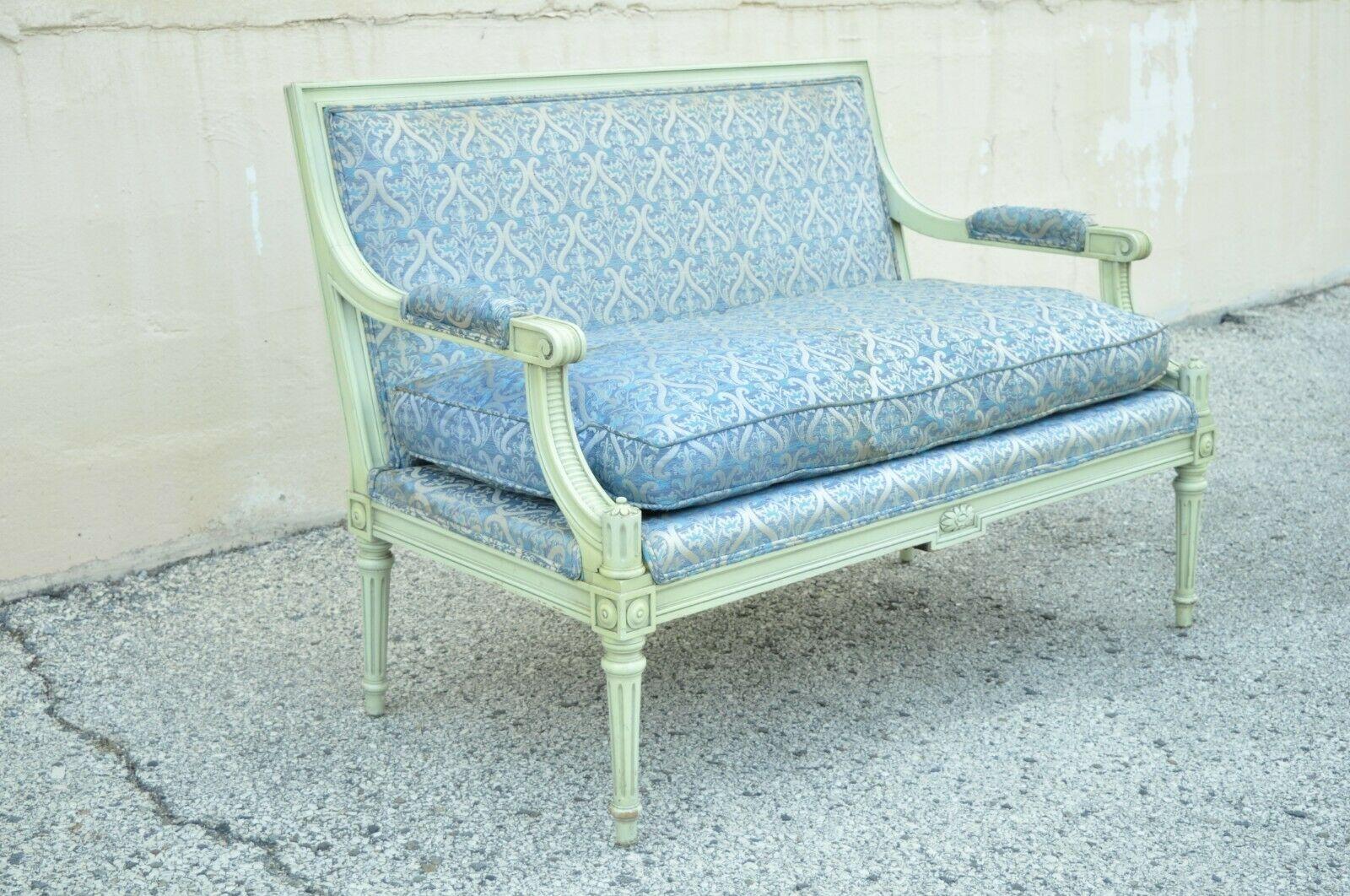 Vintage French Louis XVI Style Hollywood Regency Green Blue Settee Loveseat Sofa For Sale 6