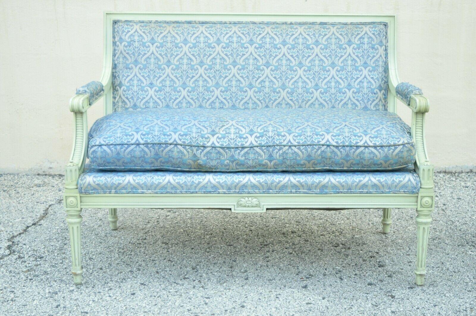 Vintage French Louis XVI style Hollywood Regency green blue painted settee loveseat sofa. Item features green blue distress painted frame, solid wood construction, upholstered arm rests, tapered legs, very nice vintage item, quality craftsmanship,