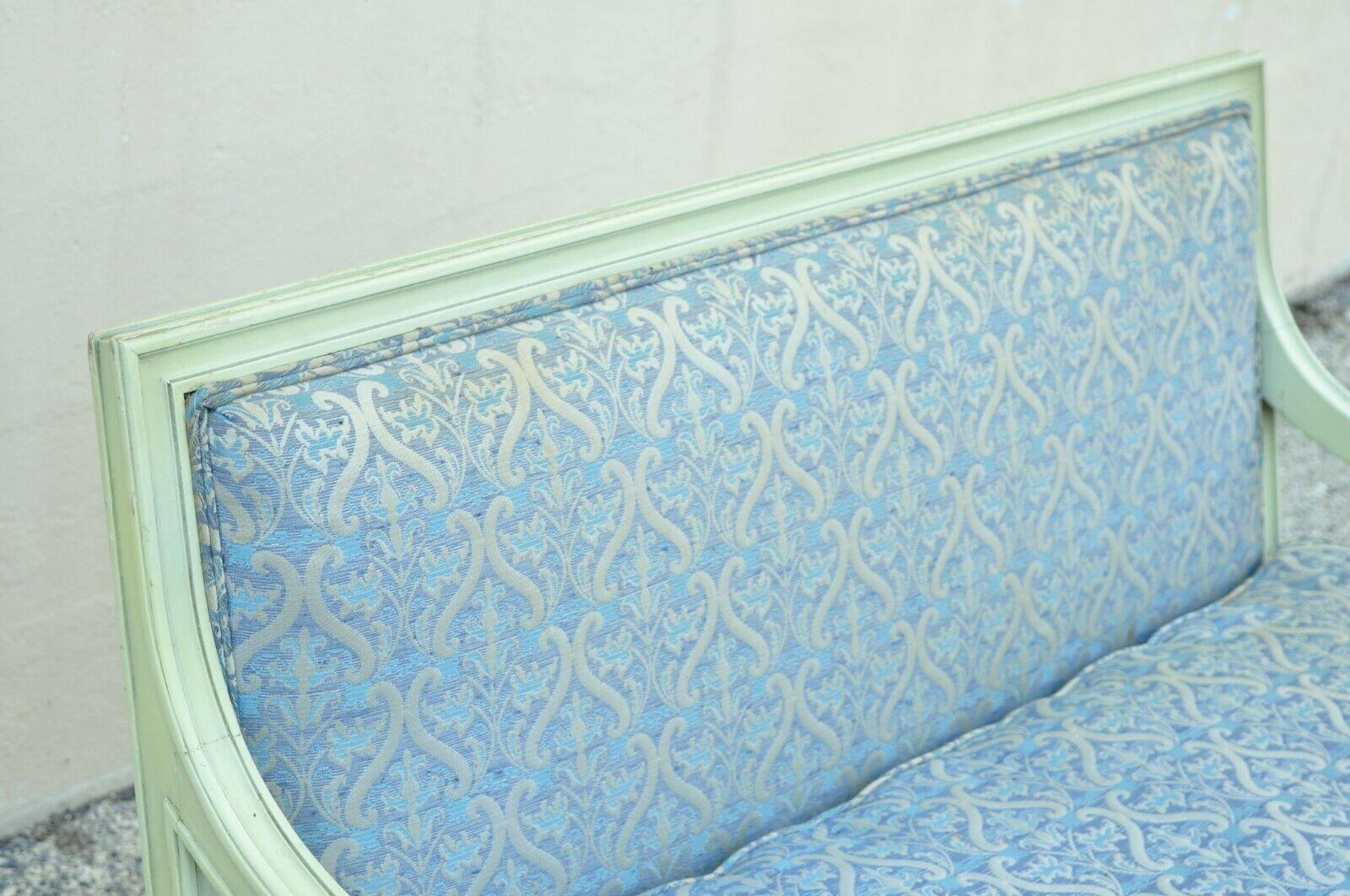 Vintage French Louis XVI Style Hollywood Regency Green Blue Settee Loveseat Sofa In Good Condition For Sale In Philadelphia, PA