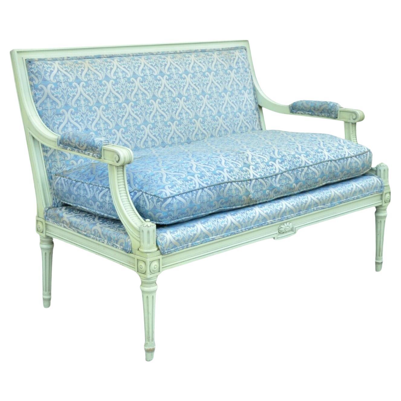 Vintage French Louis XVI Style Hollywood Regency Green Blue Settee Loveseat Sofa For Sale