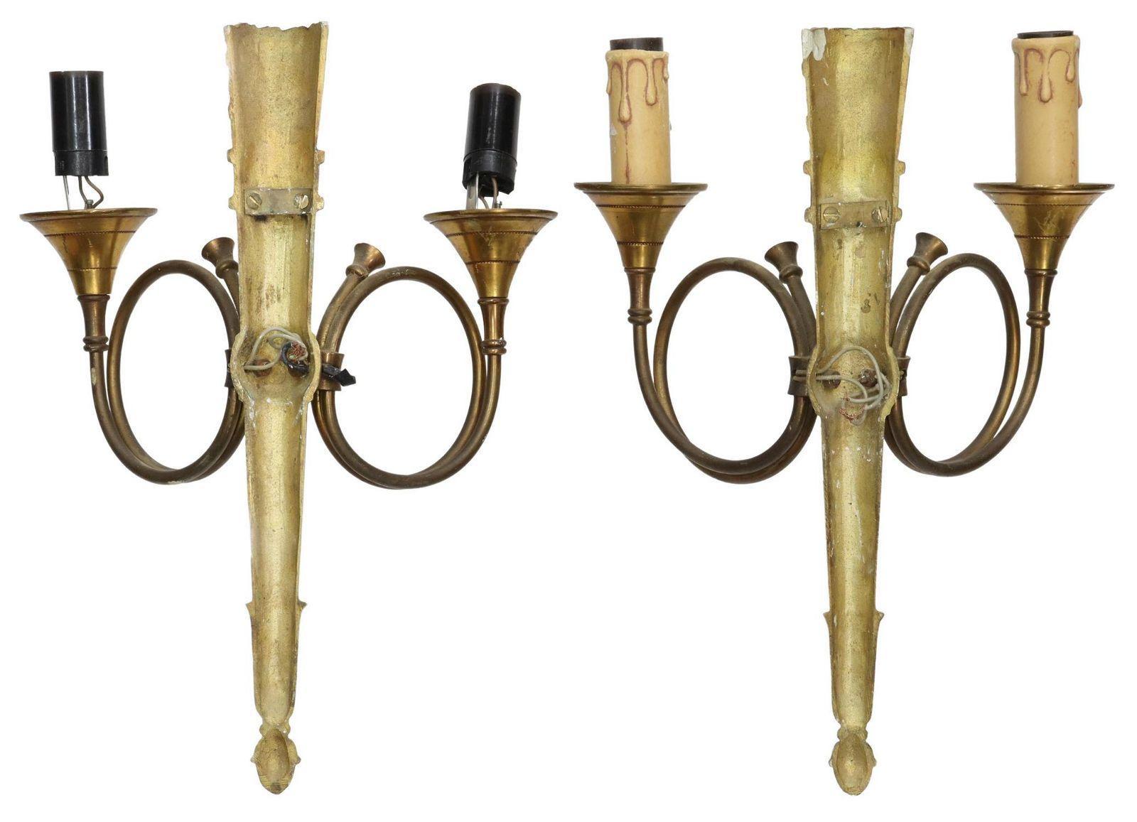Hand-Crafted Vintage French Louis XVI Style Hunting Horn Gilt Metal 2-Lt Sconces, a Pair For Sale