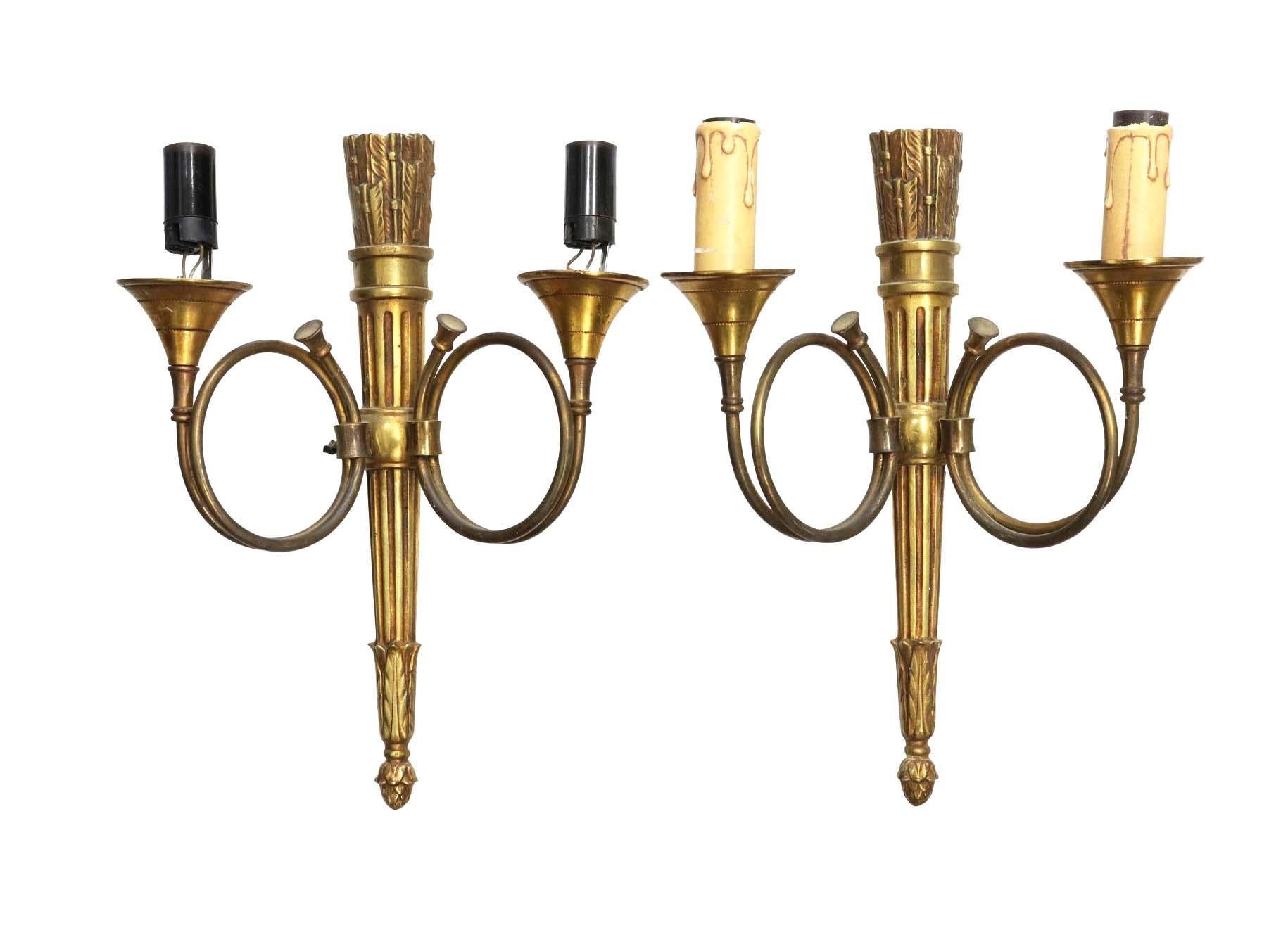 Vintage French Louis XVI Style Hunting Horn Gilt Metal 2-Lt Sconces, a Pair In Good Condition For Sale In Sheridan, CO