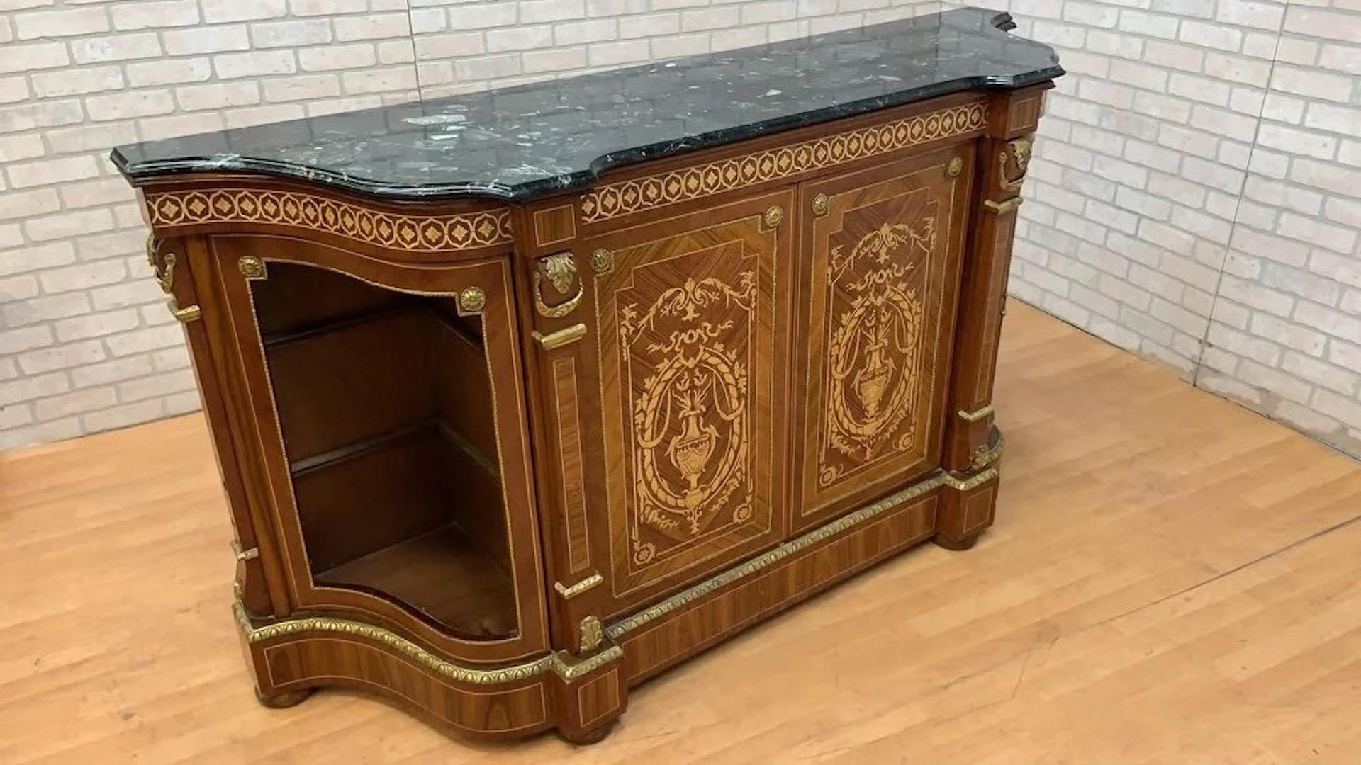 Vintage French Louis XVI Style Inlaid Serpentine Marble Top Credenza For Sale 6
