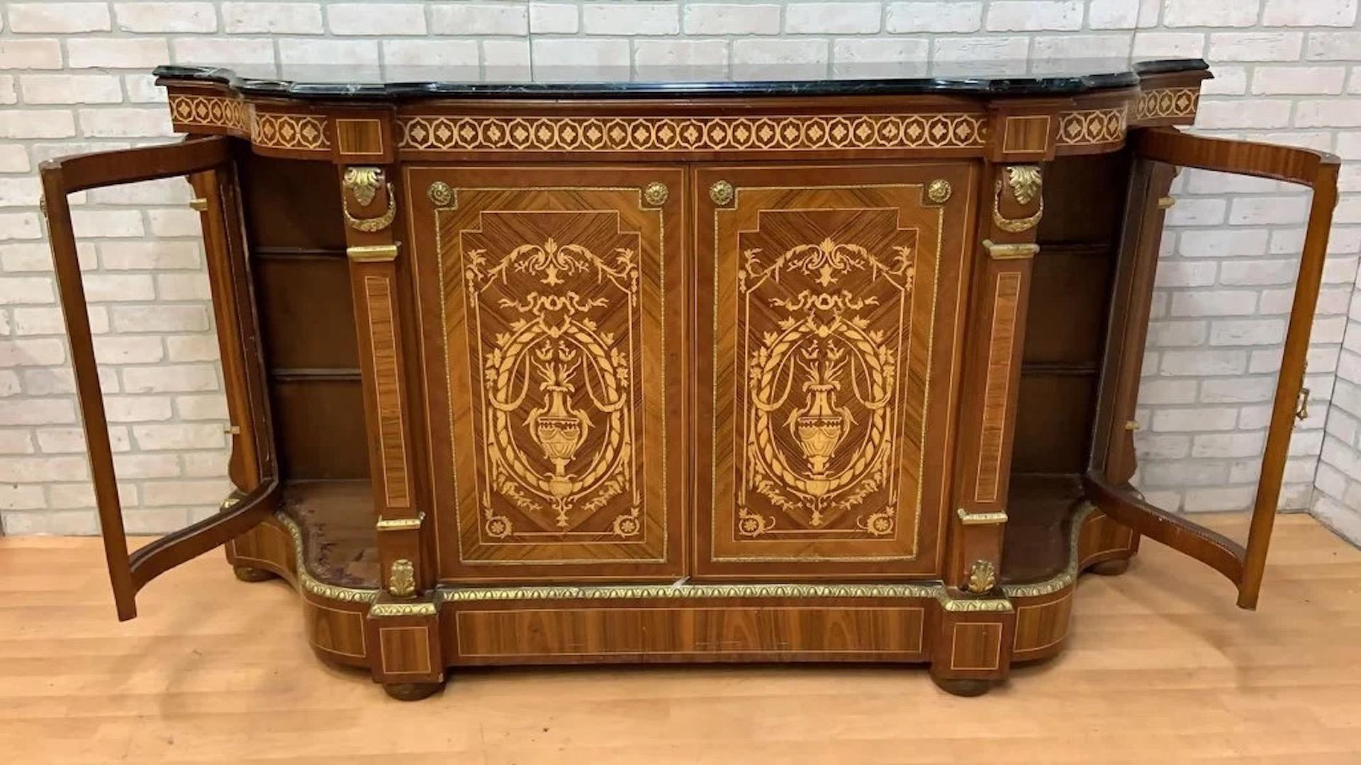 Vintage French Louis XVI Style Inlaid Serpentine Marble Top Credenza For Sale 1