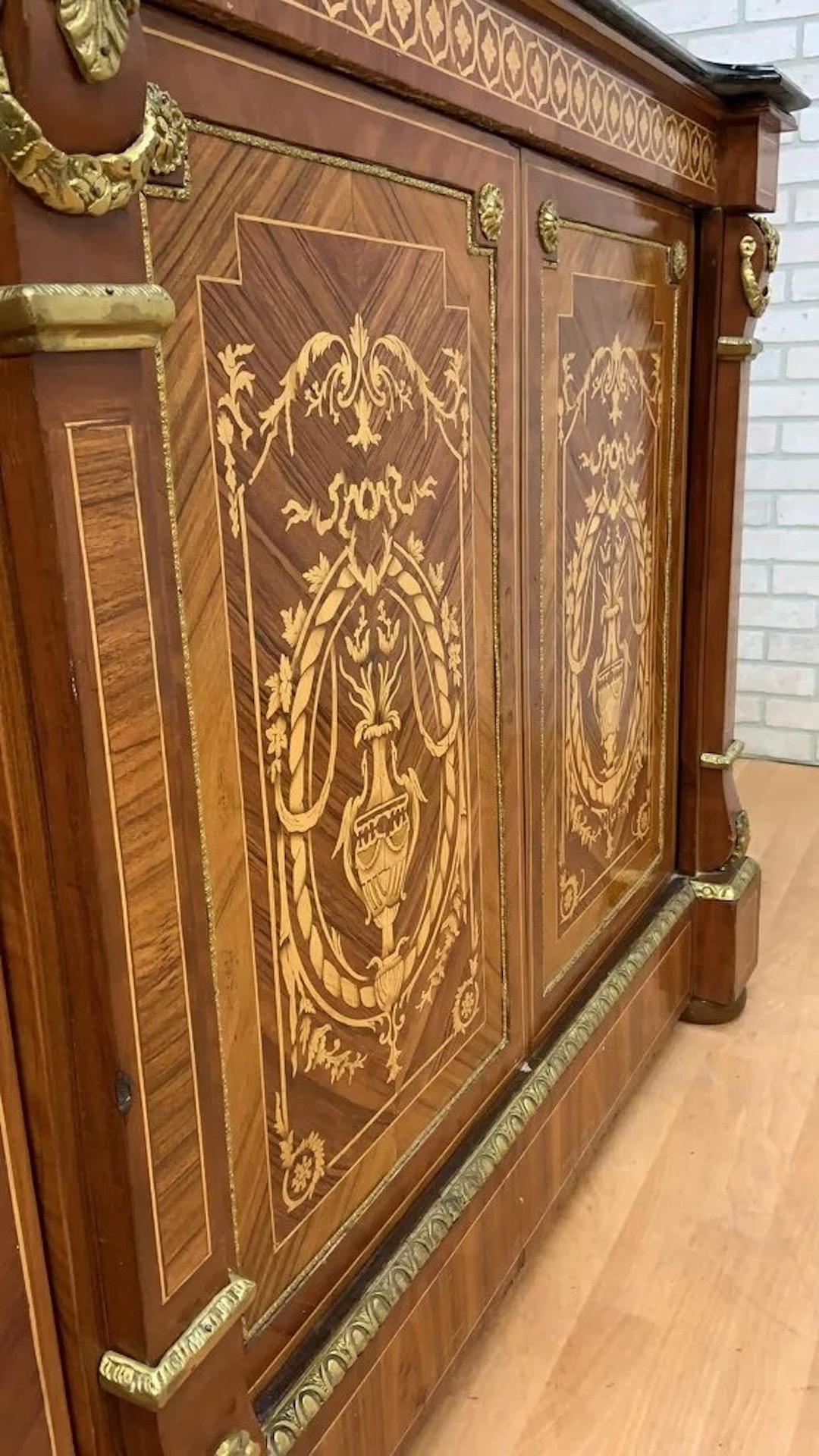 Vintage French Louis XVI Style Inlaid Serpentine Marble Top Credenza For Sale 2