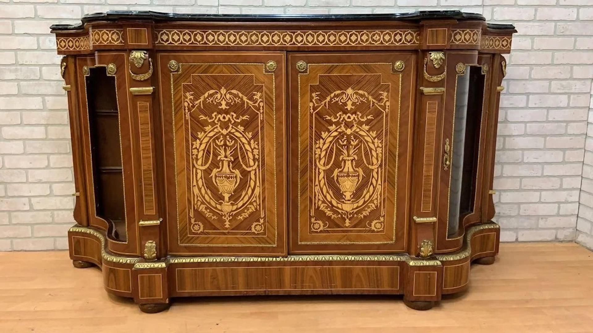 Vintage French Louis XVI Style Inlaid Serpentine Marble Top Credenza For Sale 3