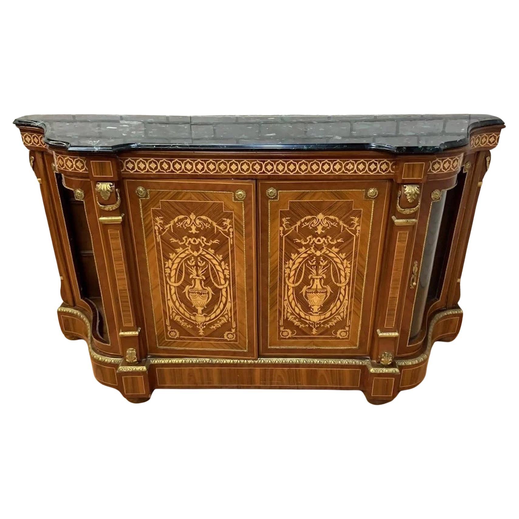 Vintage French Louis XVI Style Inlaid Serpentine Marble Top Credenza For Sale