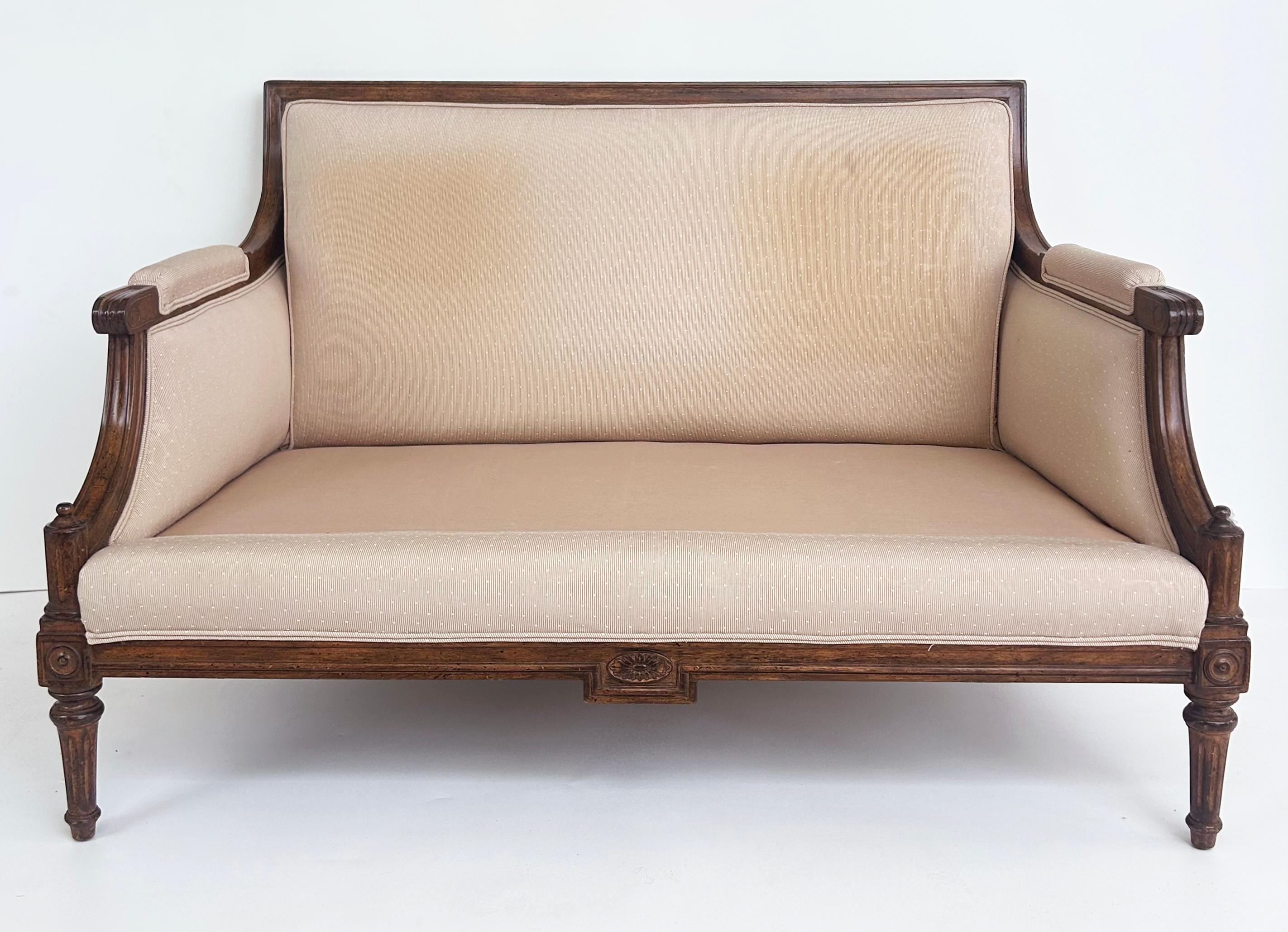 Fabric Vintage French Louis XVI Style Loveseat, Lewis Mittman Attributed, Upholstered For Sale