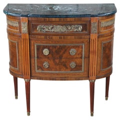Vintage French Louis XVI Style Mahogany Burl Marble Demilune Commode Chest 34"