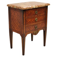 Vintage French Louis XVI Style Marquetry Inlay Marble Top Cherry Nightstand