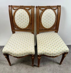 Vintage French Louis XVI Style Oak Side Chairs, Carved Cameo Back, Pair