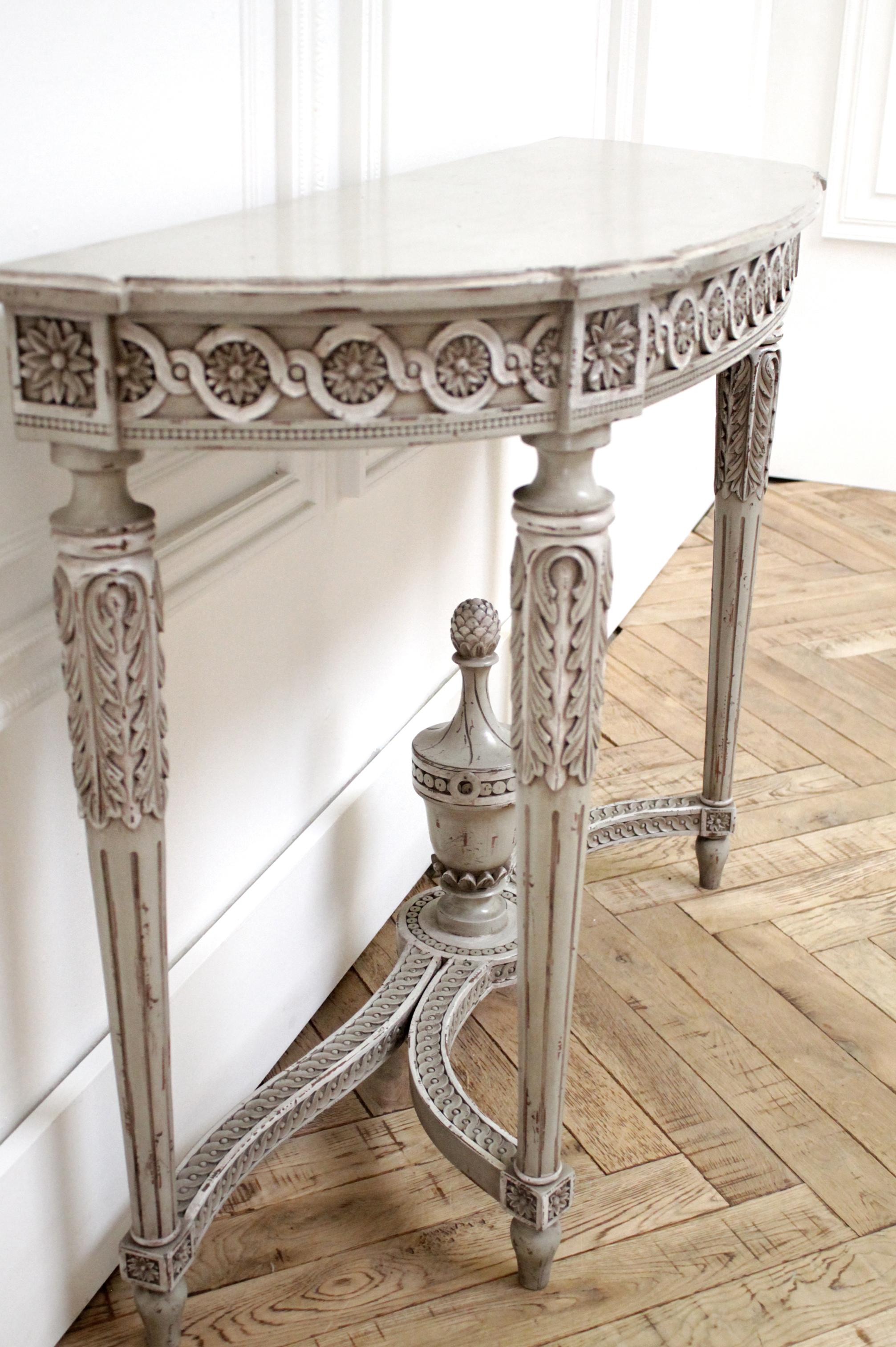 Wood Vintage French Louis XVI Style Original Painted and Carved Console Table
