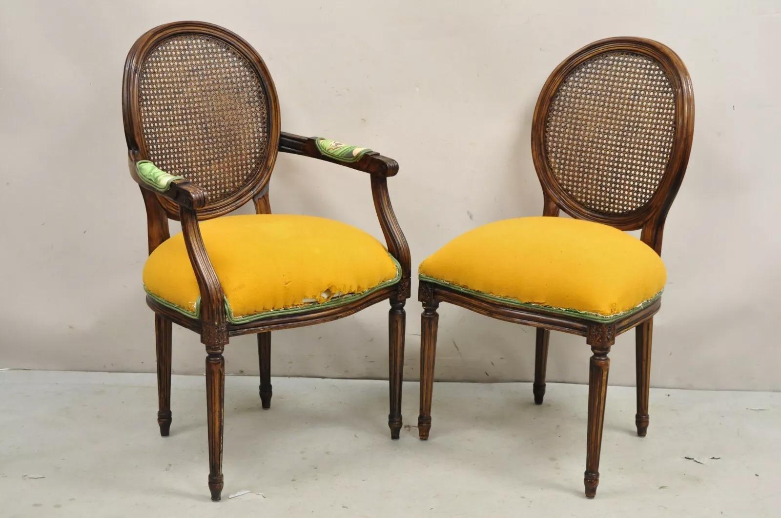 Unknown Vintage French Louis XVI Style Oval Cane Back Walnut Dining Chairs - Set of 6