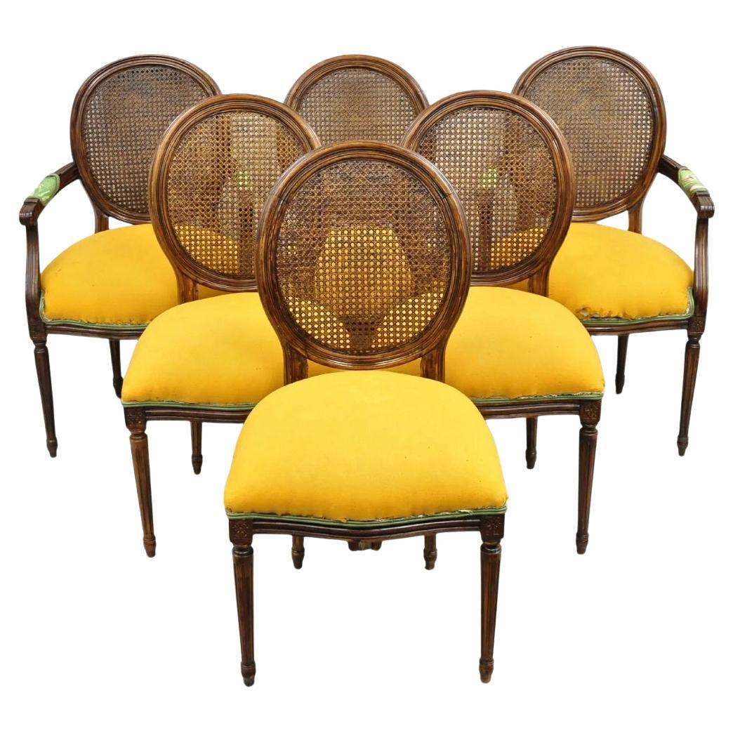 Vintage French Louis XVI Style Oval Cane Back Walnut Dining Chairs - Set of 6