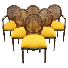 Vintage French Louis XVI Style Oval Cane Back Walnut Dining Chairs - Set of 6