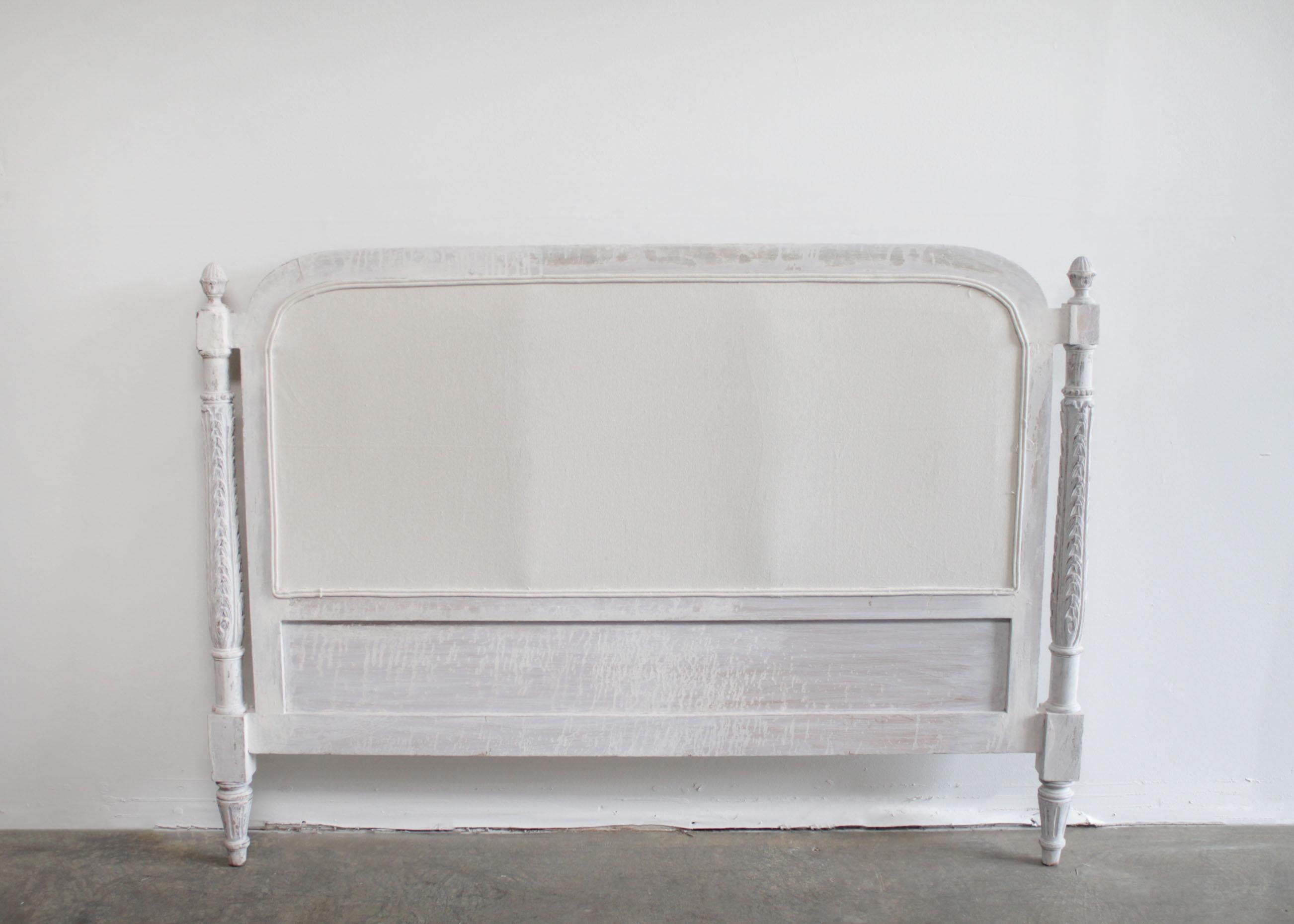 20th Century Vintage French Louis XVI Style Painted and Upholstered Queen Size Headboard