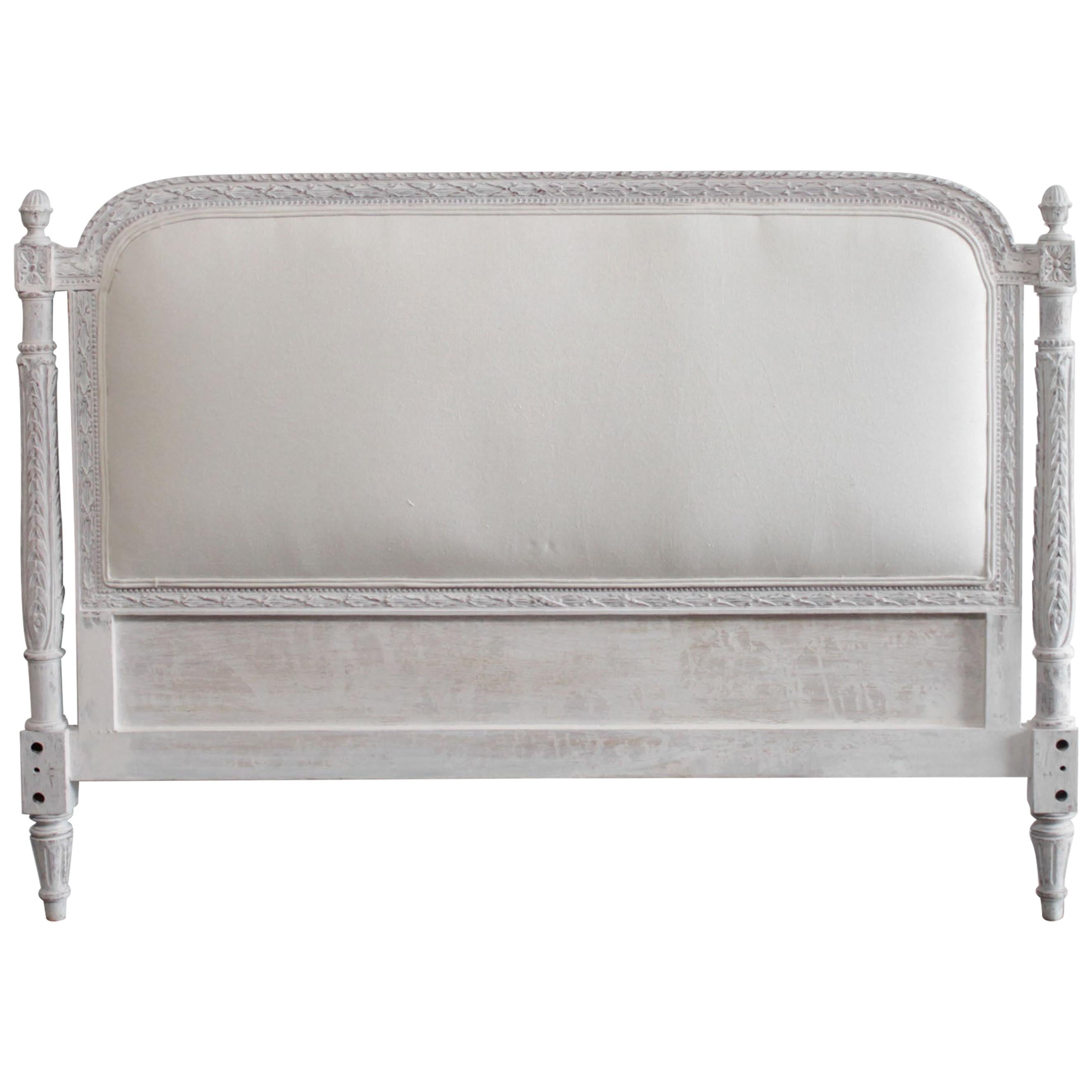 Vintage French Louis XVI Style Painted and Upholstered Queen Size Headboard