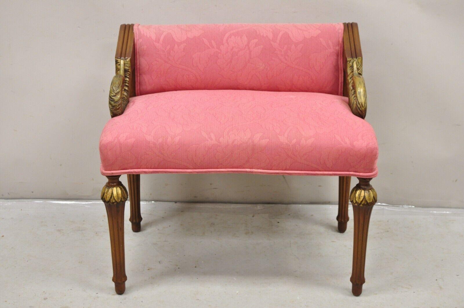 Vintage French Louis XVI Style Pink Vanity Chair Bench Seat w/ Swan Carved Arms 4
