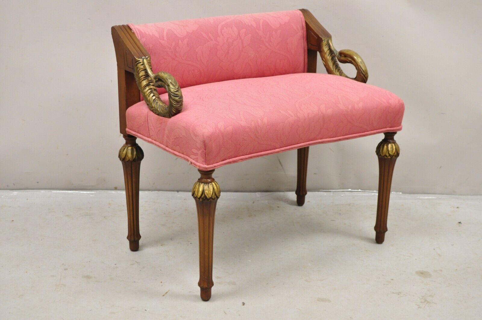 Vintage French Louis XVI Style Pink Vanity Chair Bench Seat w/ Swan Carved Arms. Circa Early 20th Century. Measurements: 26