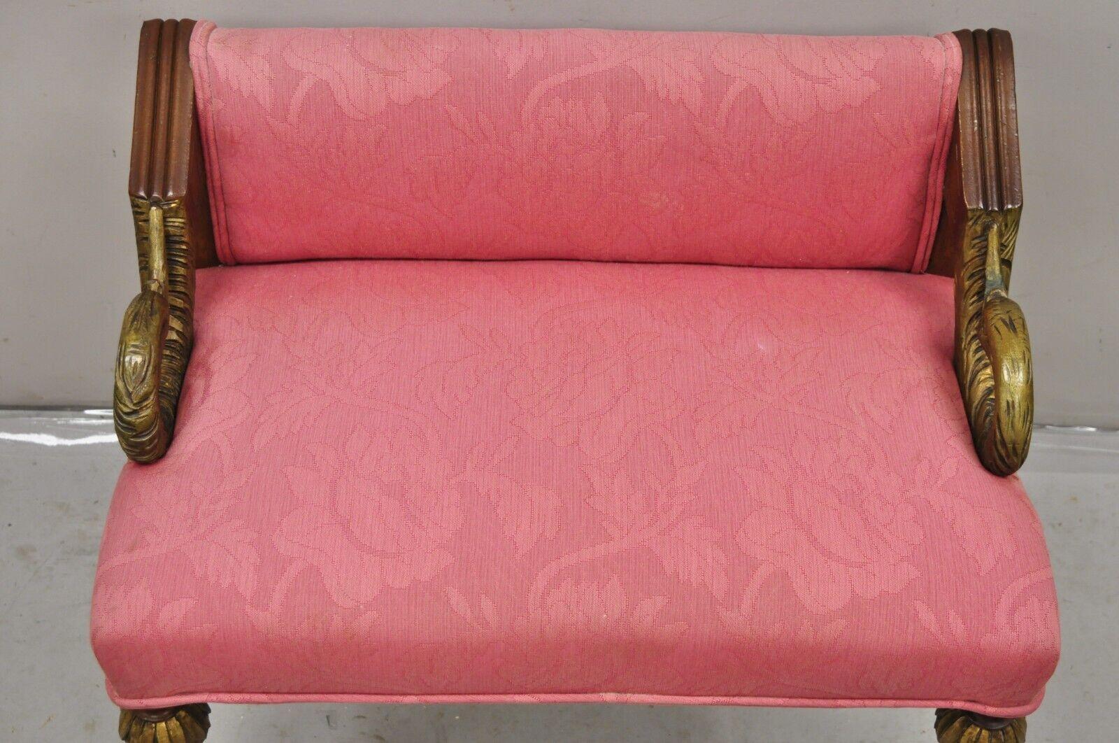 Vintage French Louis XVI Style Pink Vanity Chair Bench Seat w/ Swan Carved Arms In Good Condition In Philadelphia, PA