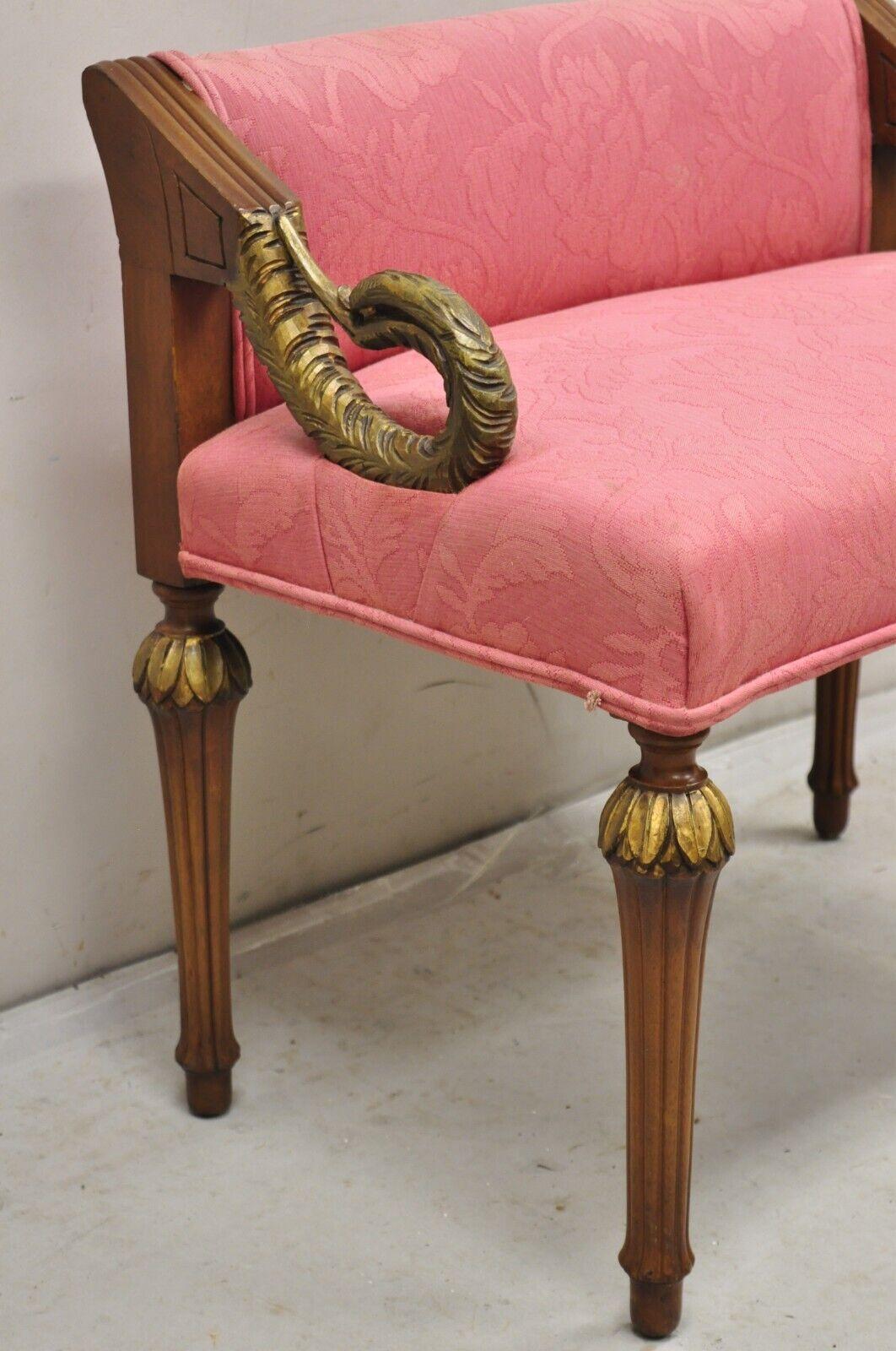 20th Century Vintage French Louis XVI Style Pink Vanity Chair Bench Seat w/ Swan Carved Arms