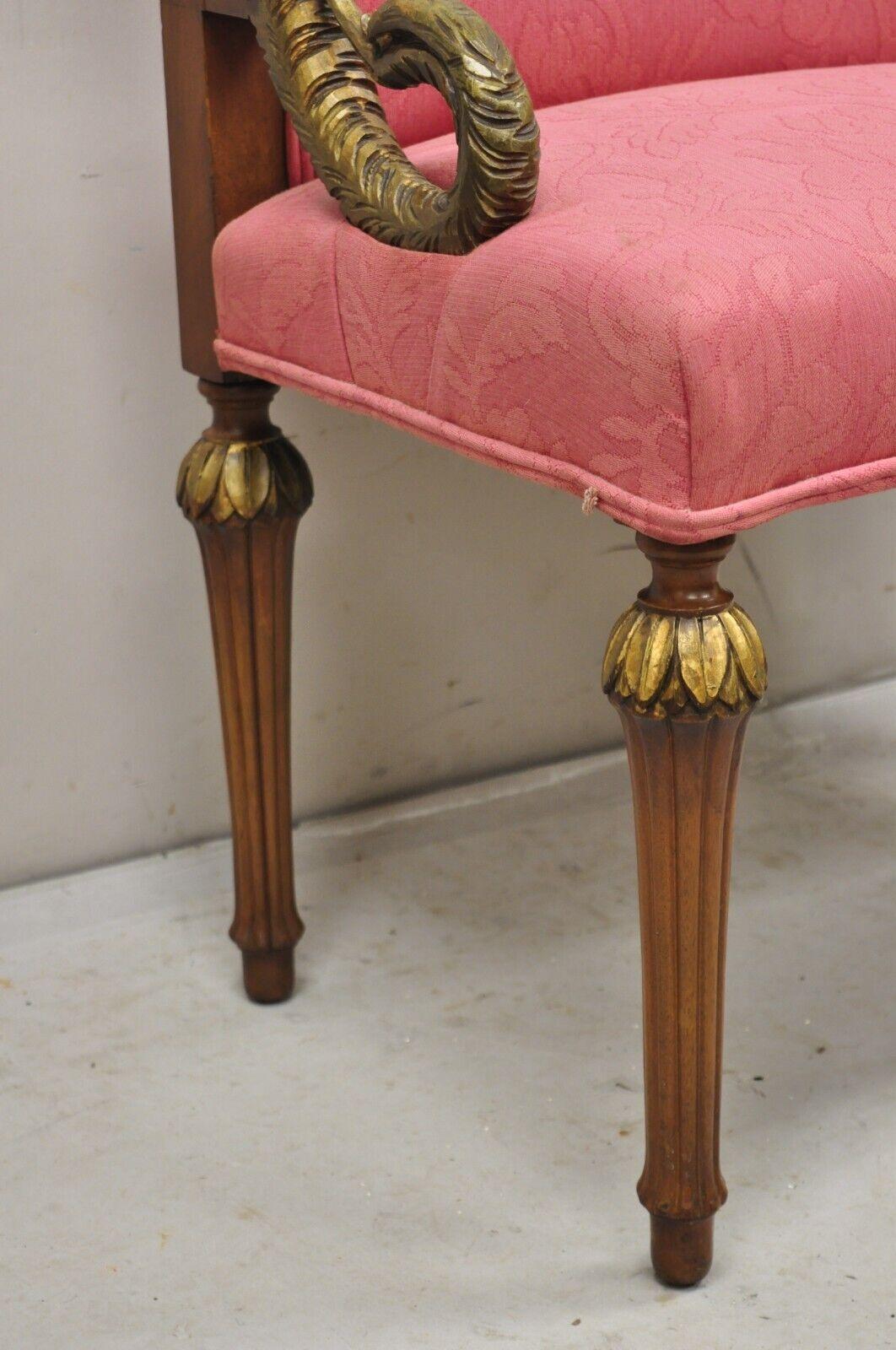 Wood Vintage French Louis XVI Style Pink Vanity Chair Bench Seat w/ Swan Carved Arms