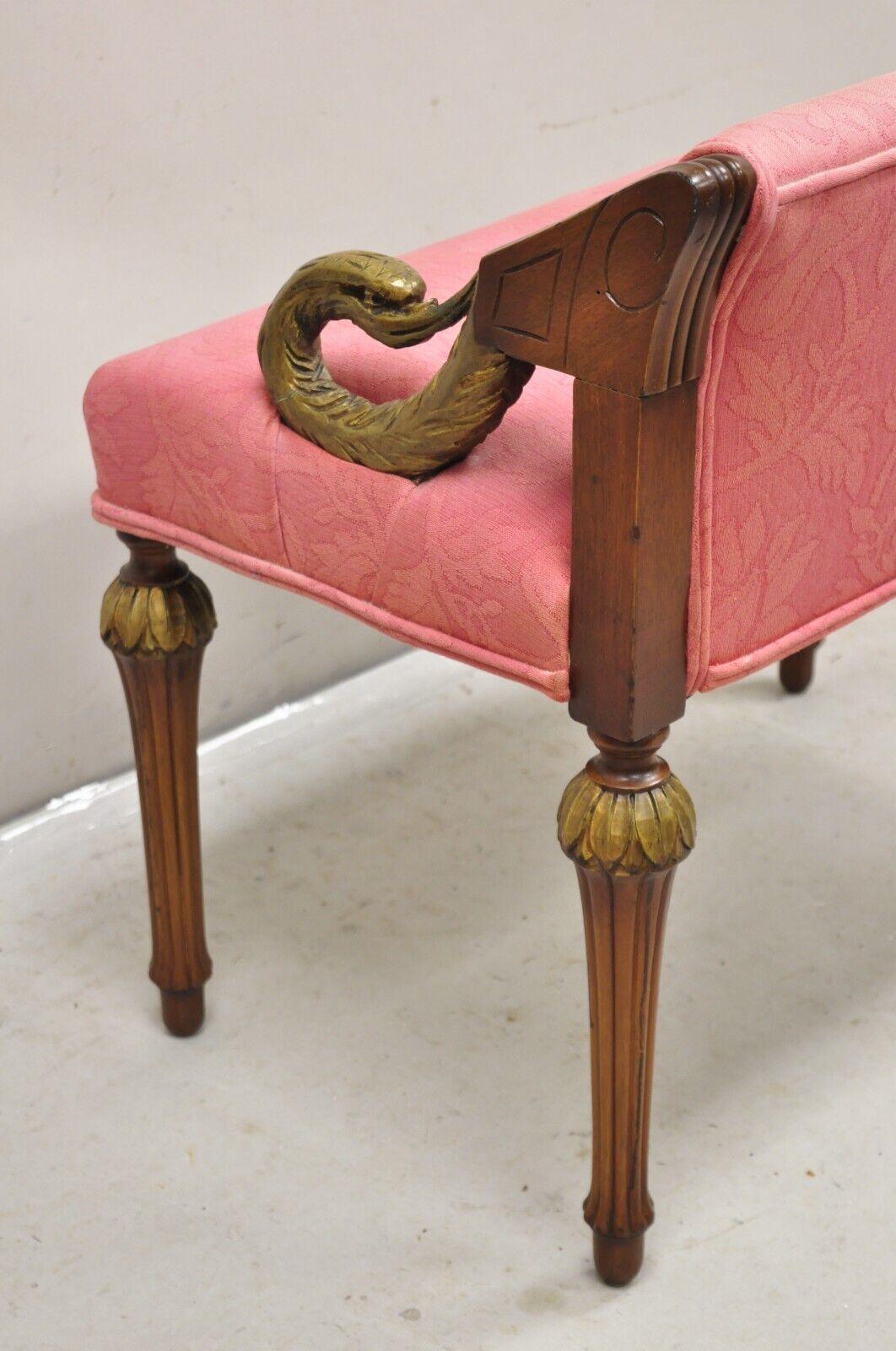 Vintage French Louis XVI Style Pink Vanity Chair Bench Seat w/ Swan Carved Arms 2