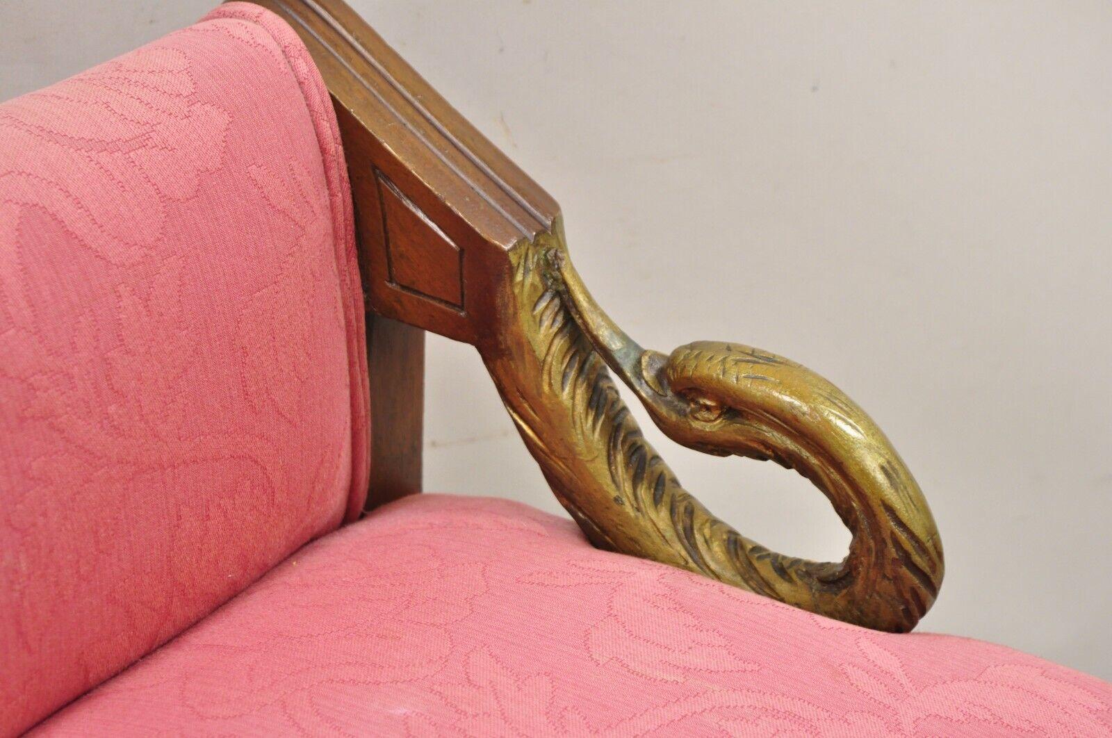 Vintage French Louis XVI Style Pink Vanity Chair Bench Seat w/ Swan Carved Arms 3