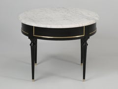 Vintage French Louis XVI Style Round Coffee Table Ebonized Finish Carrara Marble