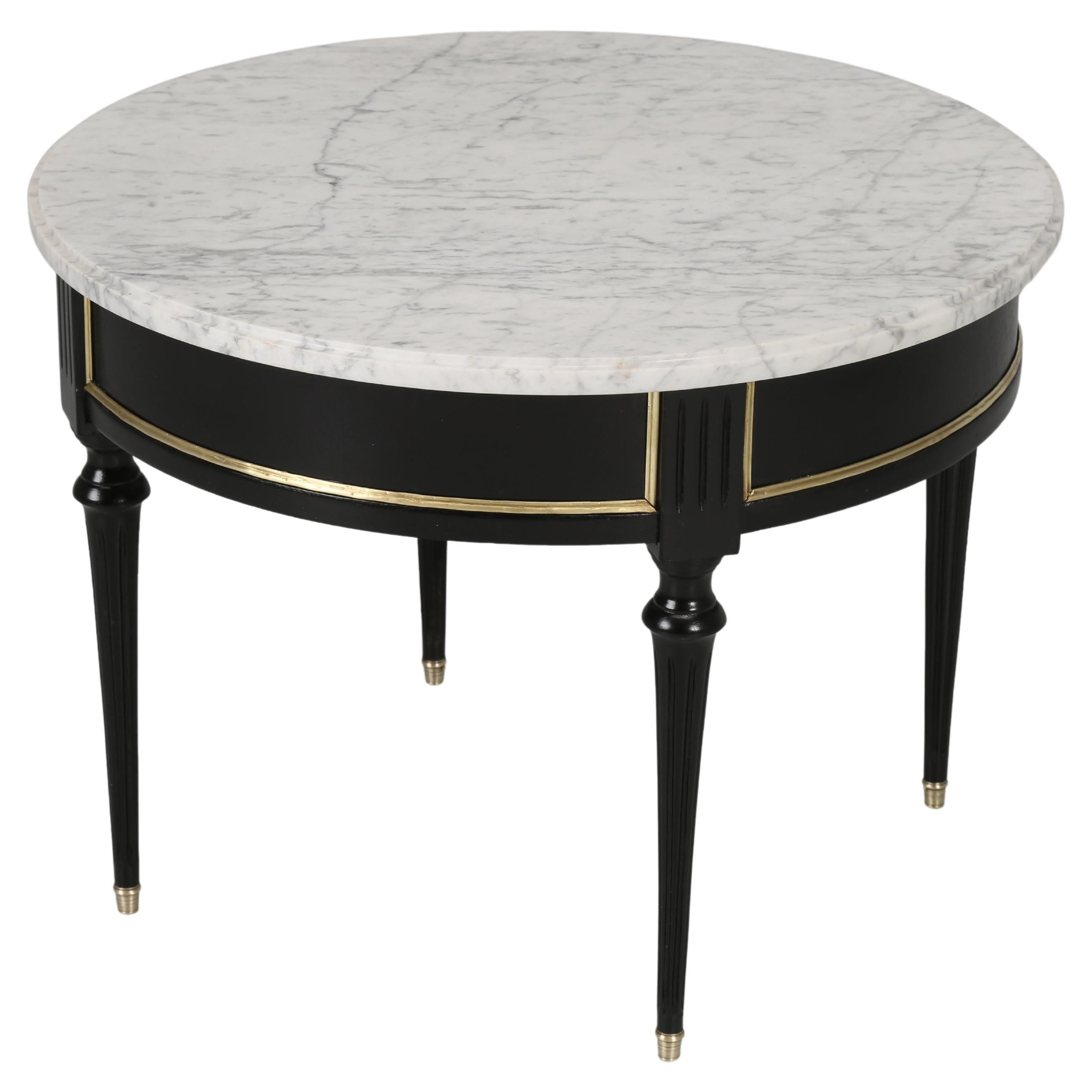 Vintage French Louis XVI Style Round Coffee Table Ebonized Finish Carrara Marble For Sale