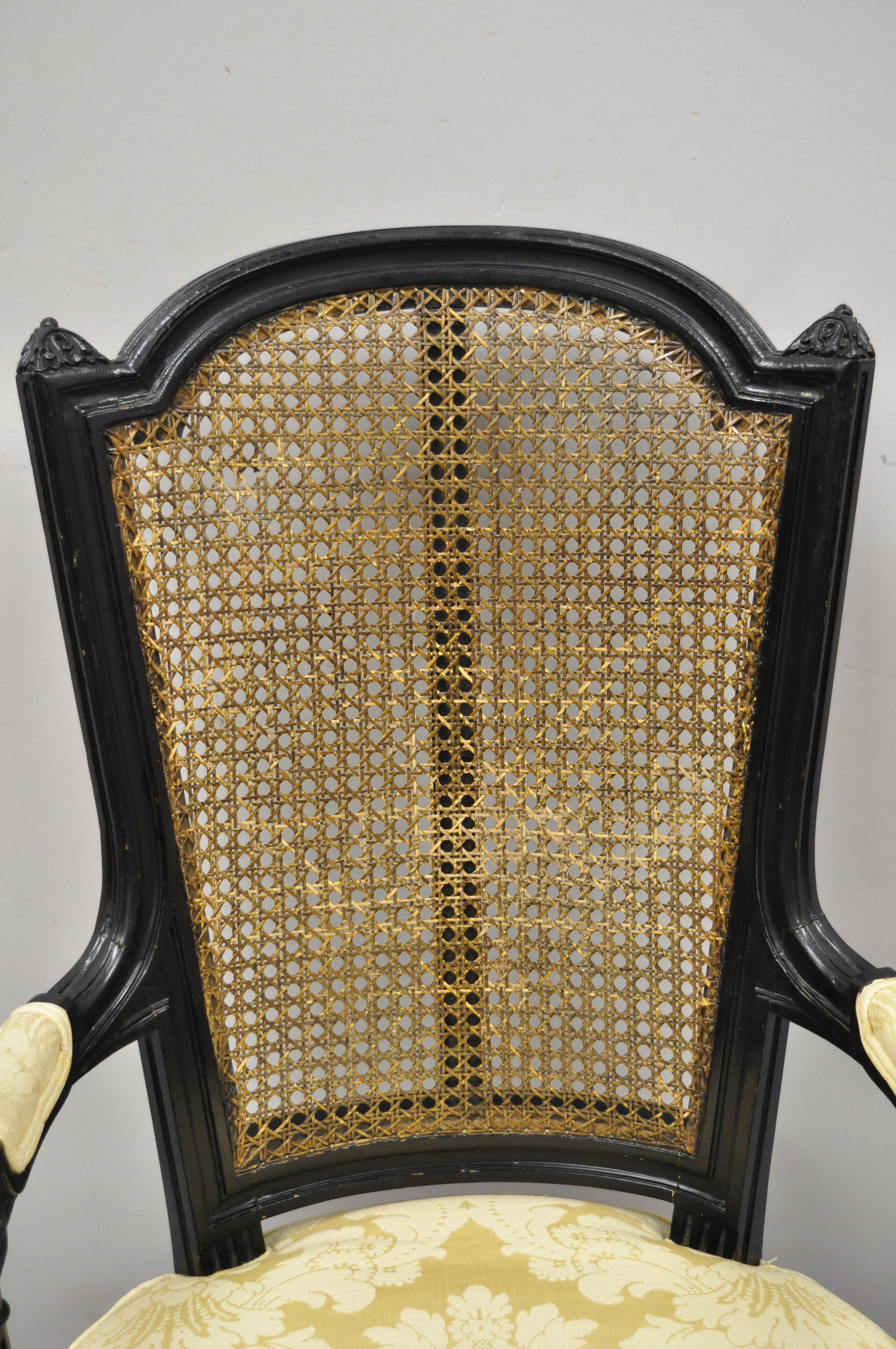 North American Vintage French Louis XVI Style Swivel Seat Cane Back Black Ebonized Vanity Chair