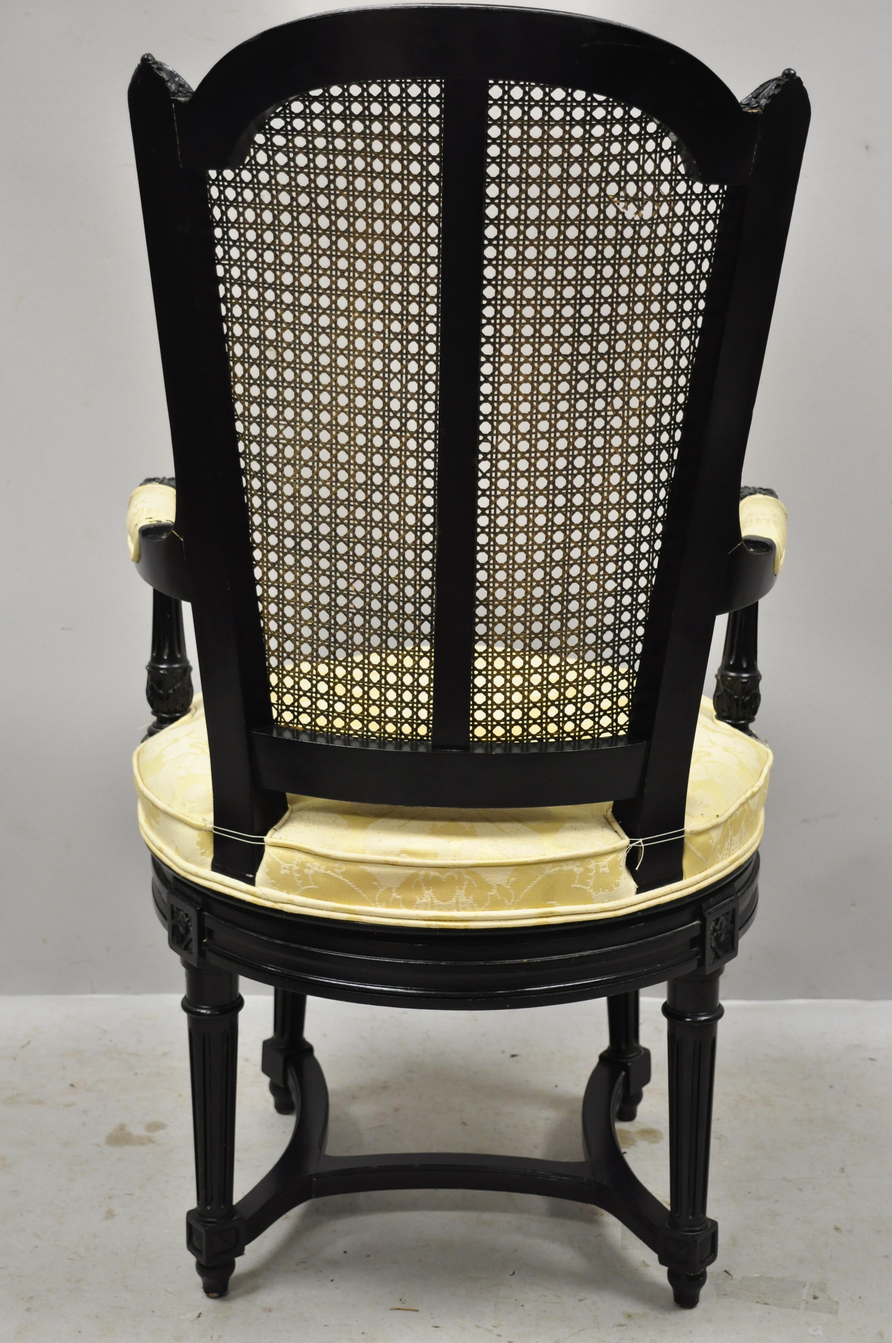 Vintage French Louis XVI Style Swivel Seat Cane Back Black Ebonized Vanity Chair 1