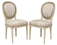 Vintage French Louis XVI Style, White Painted, Uphols'd, Dining Chairs, Set of 6