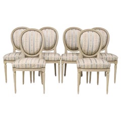 Vintage French Louis XVI Style, White Painted, Uphols'd, Dining Chairs, Set of 6